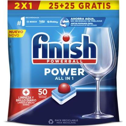Finish Power All in 1 - Confezione da 5 confezioni da 25+25 (250) compresse o confezione da 2 confezioni da 25+25 (100) compresse per lavastoviglie senza fosfato, con Powerball per rimuovere le macchie di grasso più difficili.