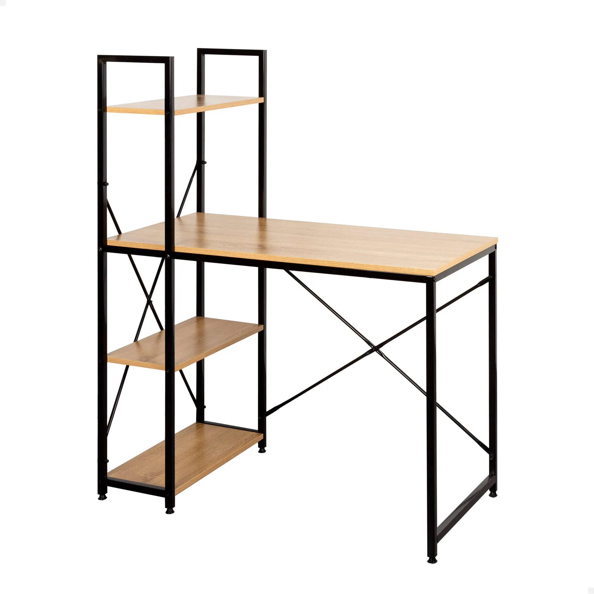 Scrivania Max Home con ripiano, 3 ripiani, tavola di legno, struttura in acciaio nero, per ufficio e studio, stile industriale, rinforzo X per più stabilità, scrivanie, tavoli per computer