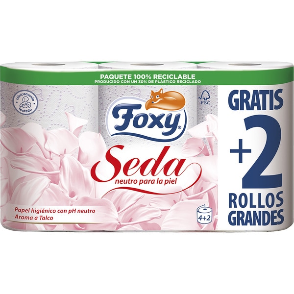 FOXY Papel Higiénico Seda 3 capas 6 Rollos Pack 7 Total 42 Rollos