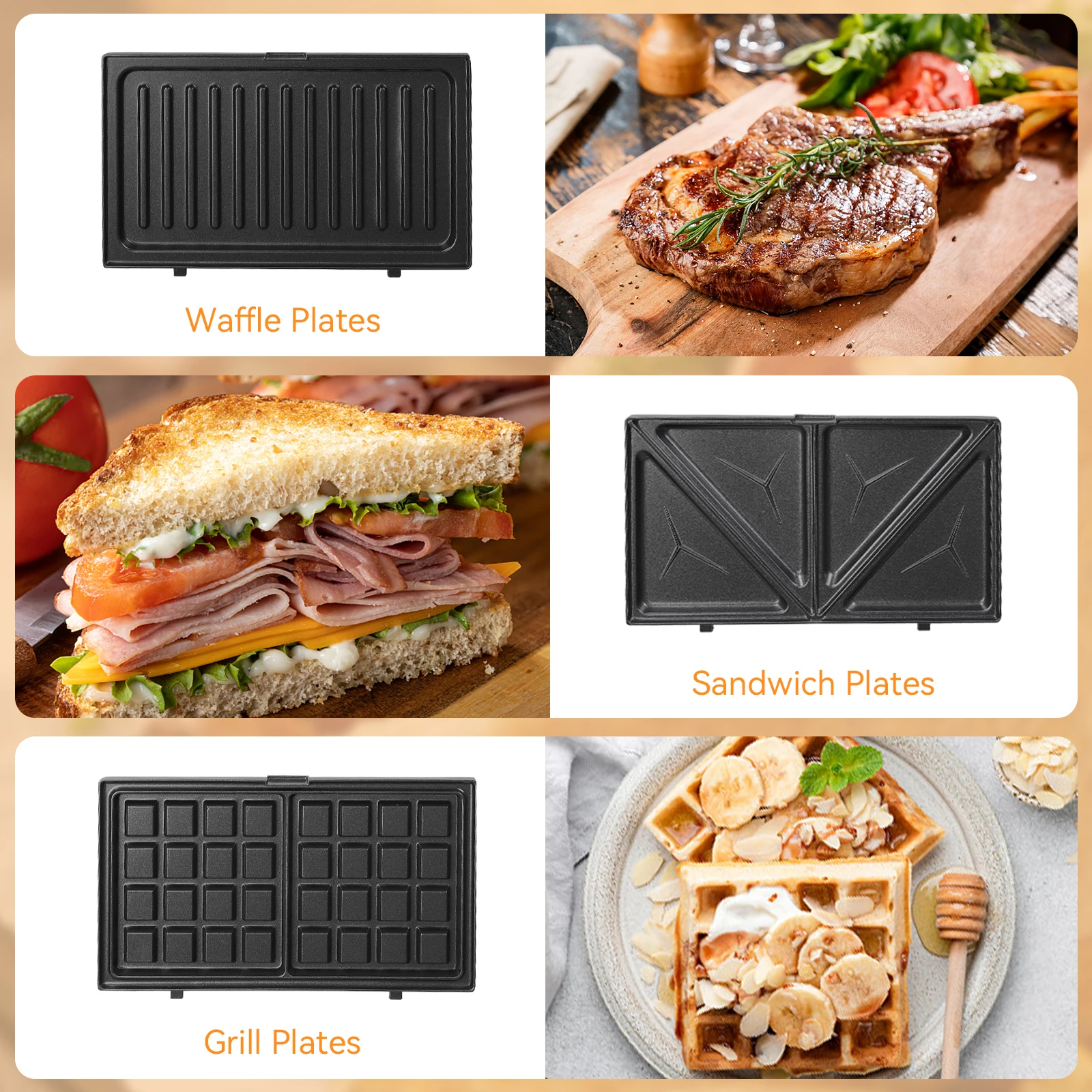 AIGOSTAR Sandwichera 3 en 1, Grill y Gofrera. 3 Placas Desmontables Antiadherentes e Intercambiables. ( 750W )