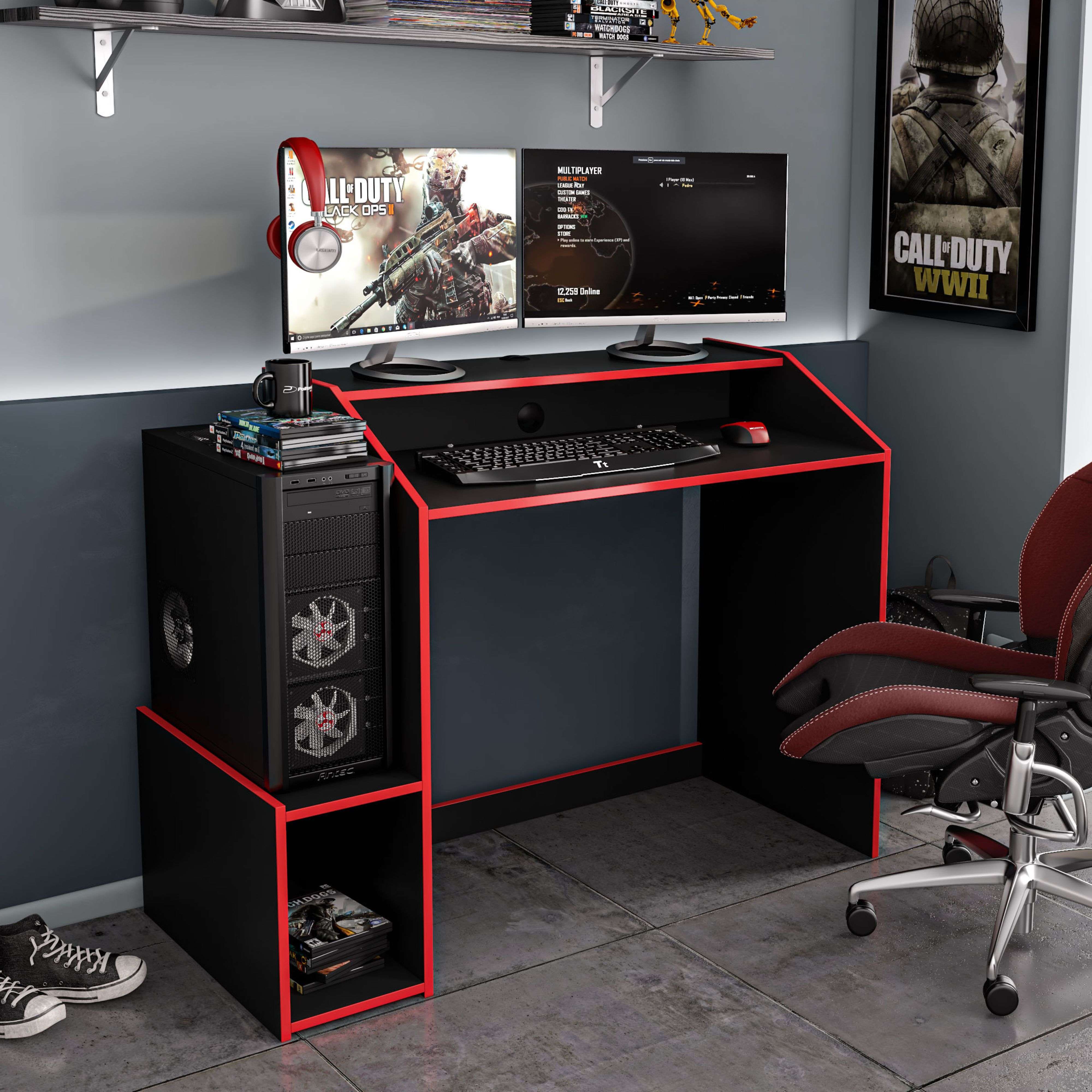 Gamer Legend Preto e Vermelho Mesa Estilo Moderno 116 cm 1 Prateleira com Abajur Melamina