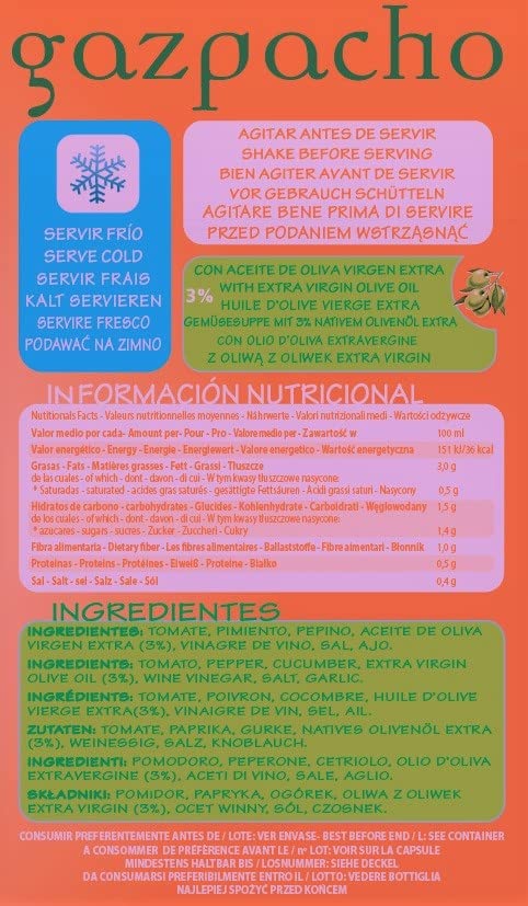 Villaolivo -  Pack 6 unidades  Gazpacho tradicional  Gazpacho cristal 1L  100% Natural