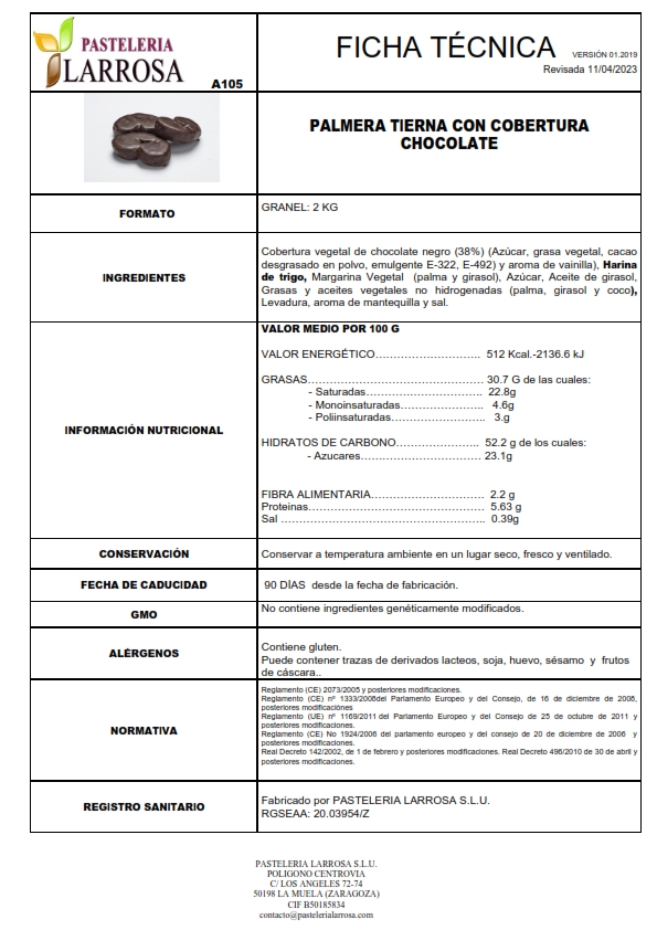 Palmera tierna de hojaldre con Chocolate Negro Granel 2kg.El horno de Don Ramon.