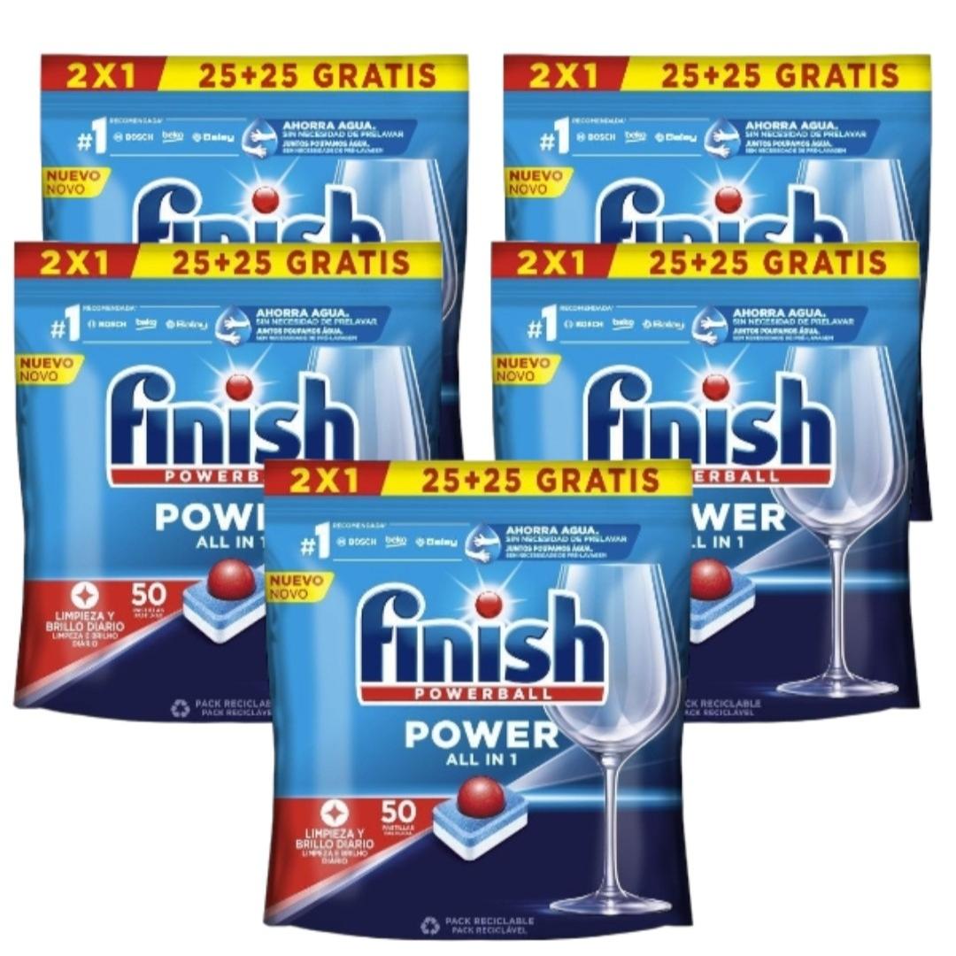 Finish Power Tudo em 1 - Pacote de 5 pacotes de 25 + 25 (250) 2 pacotes ou Pacote de 25 + 25 (100) com Powerball poderoso para remover manchas de graxa mais difíceis.