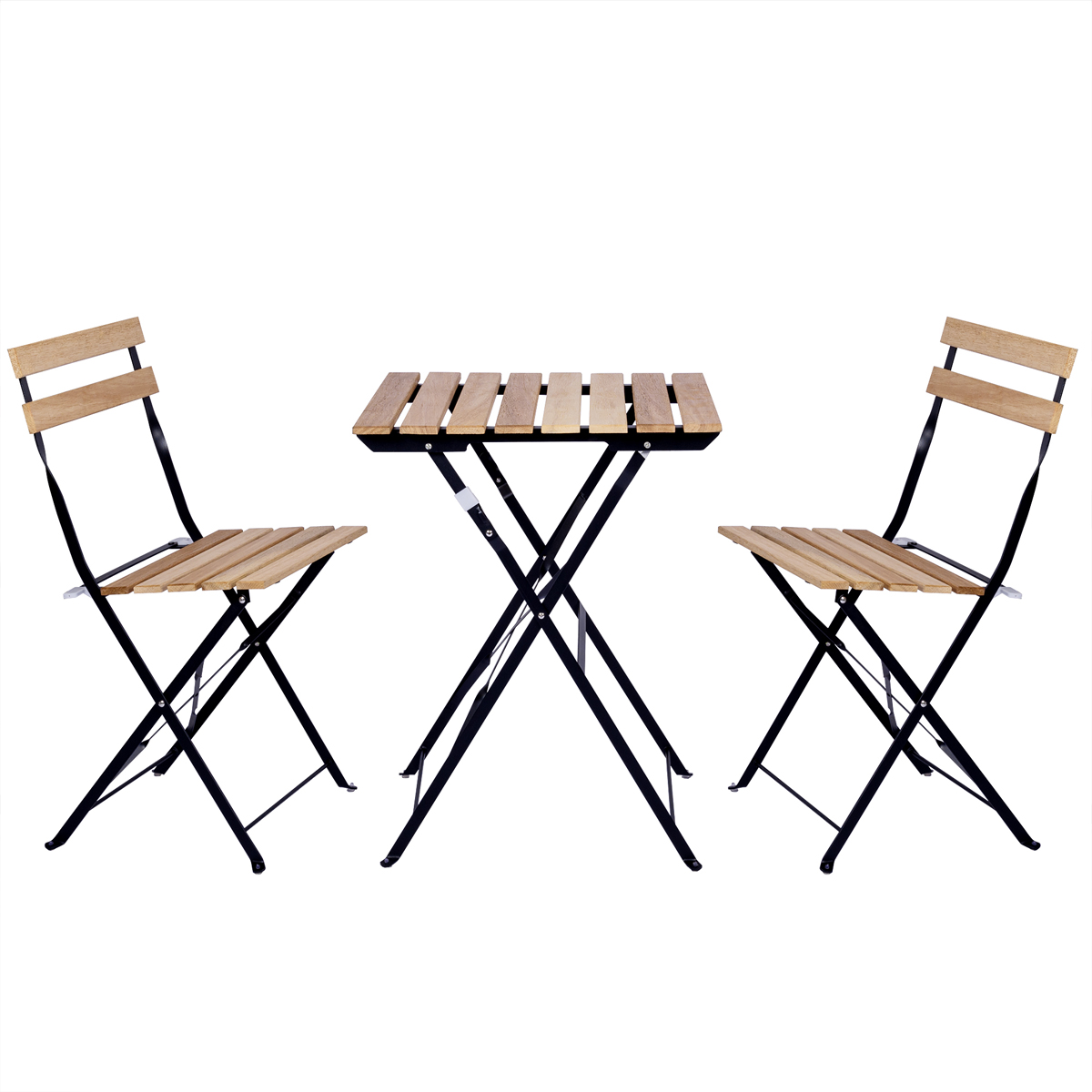 T-LoVendo Set de 3 Muebles de Mesa y 2 Sillas, Jardín, Exterior, Plegables, Metal y Madera, para Terraza Estilo Retro, Estructura de Acero, tipo Bistró, Patas Antideslizantes, Balcones Pequeños, Terrazas