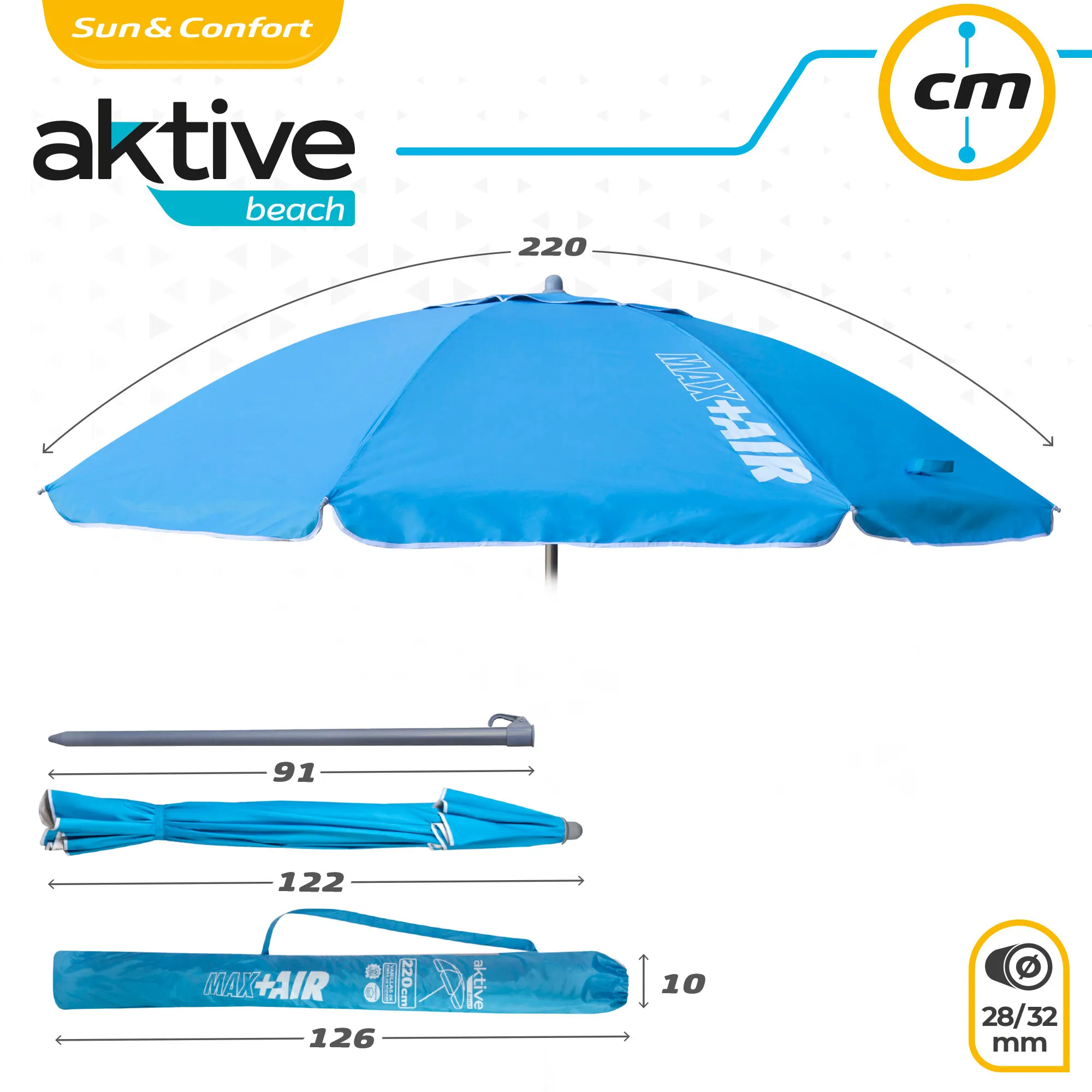 Guarda-chuva Aktive SINK BEACH 180 cm, 200 cm ou 220 cm, Max Air, azul, formato octogonal, poliéster com proteção UV50 e forro prateado, 8 hastes de fibra de vidro, ø28/32mm Tilt Mast, inclui capa com alça, ventilação superior