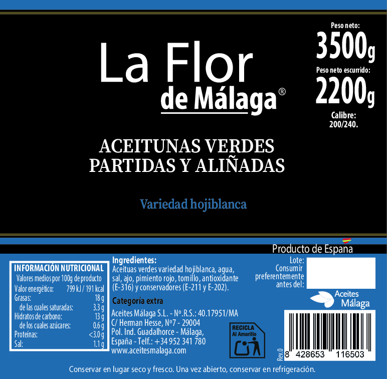 Aceitunas Extra partidas LA FLOR DE MÁLAGA  3 KG (2.2 KG ESC)  LA FLOR DE MALAGA  Aperitivos