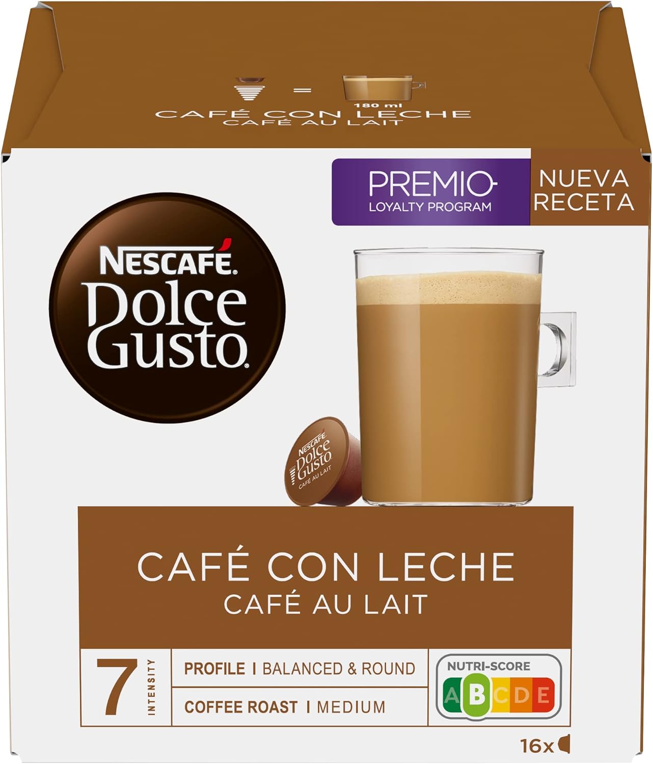 Nescafé Dolce Gusto Café con Leche, Pack de 3 x 16 Cápsulas - Total: 48 Cápsulas de Café