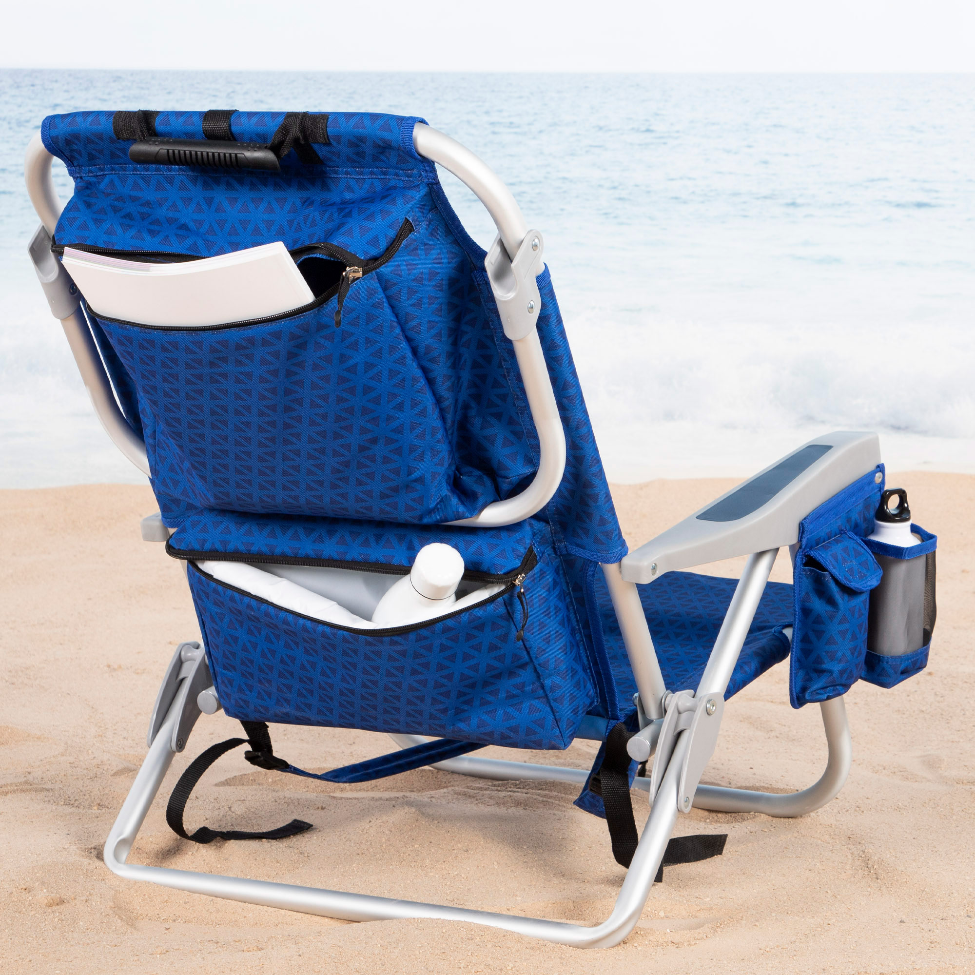 Cadeira de praia dobrável Aktive, cor azul, 50x53x78 cm, assento XXL, 5 posições, Almofada acolchoada, bolsa térmica, bolsos, Handhandle e mochila, peso máximo suportado 110 kg reclinável praia cadeira poliéster tecido