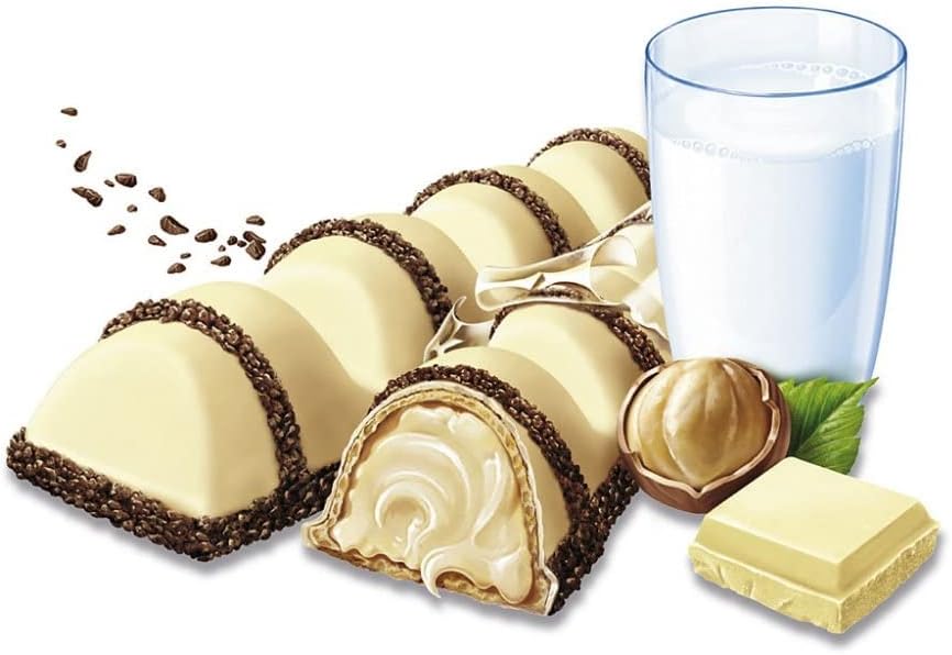 Kinder Bueno White ,Caja de 30 unidades,Barritas de Chocolate Blanco y Barquilo,White barritas de chocolate blanco y avellanas 32 unidades