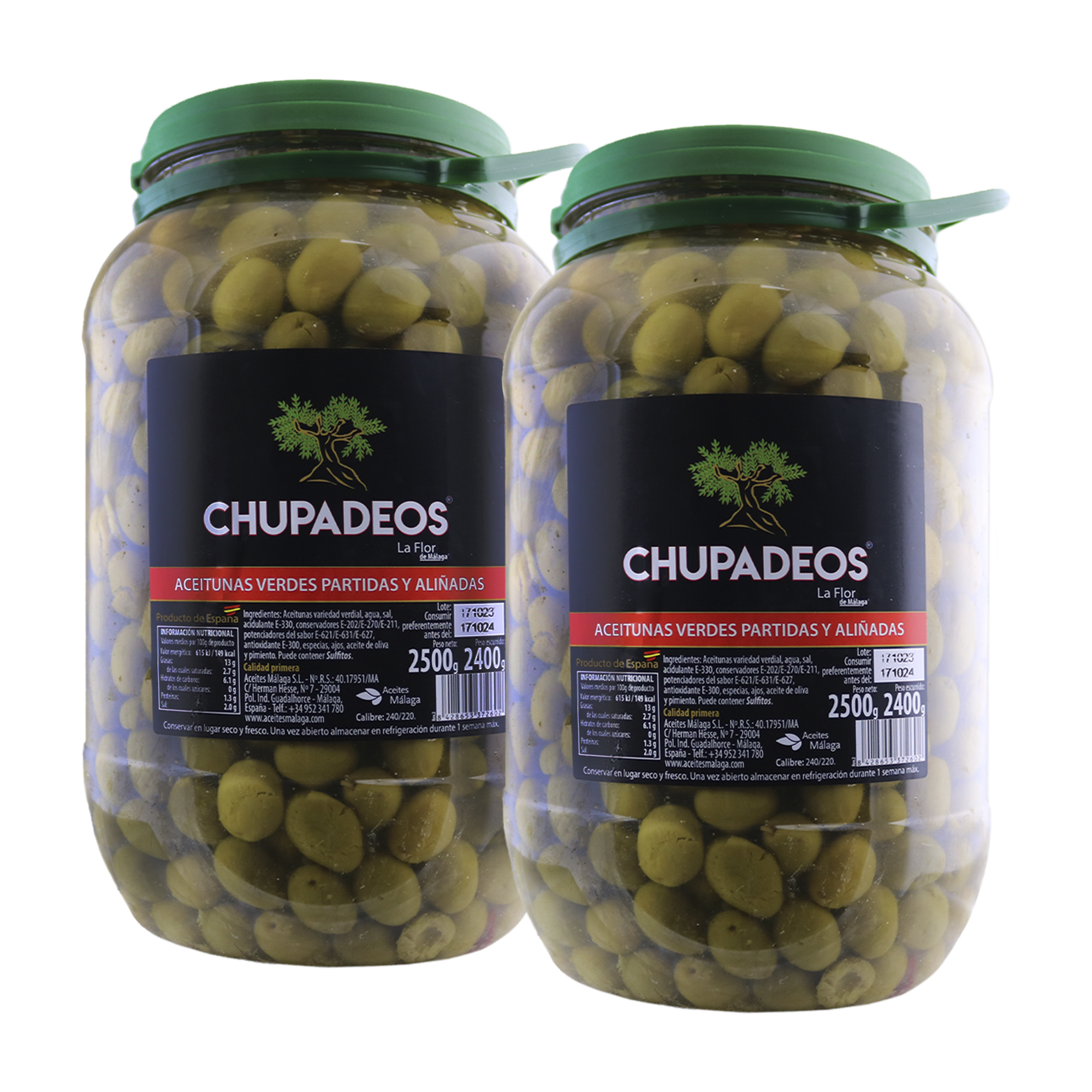 CHUPADEOS LA FLOR DE MÁLAGA- Aceitunas Verdes partidas y Aliñadas- Bote PET 2500 g LA FLOR DE MALAGA