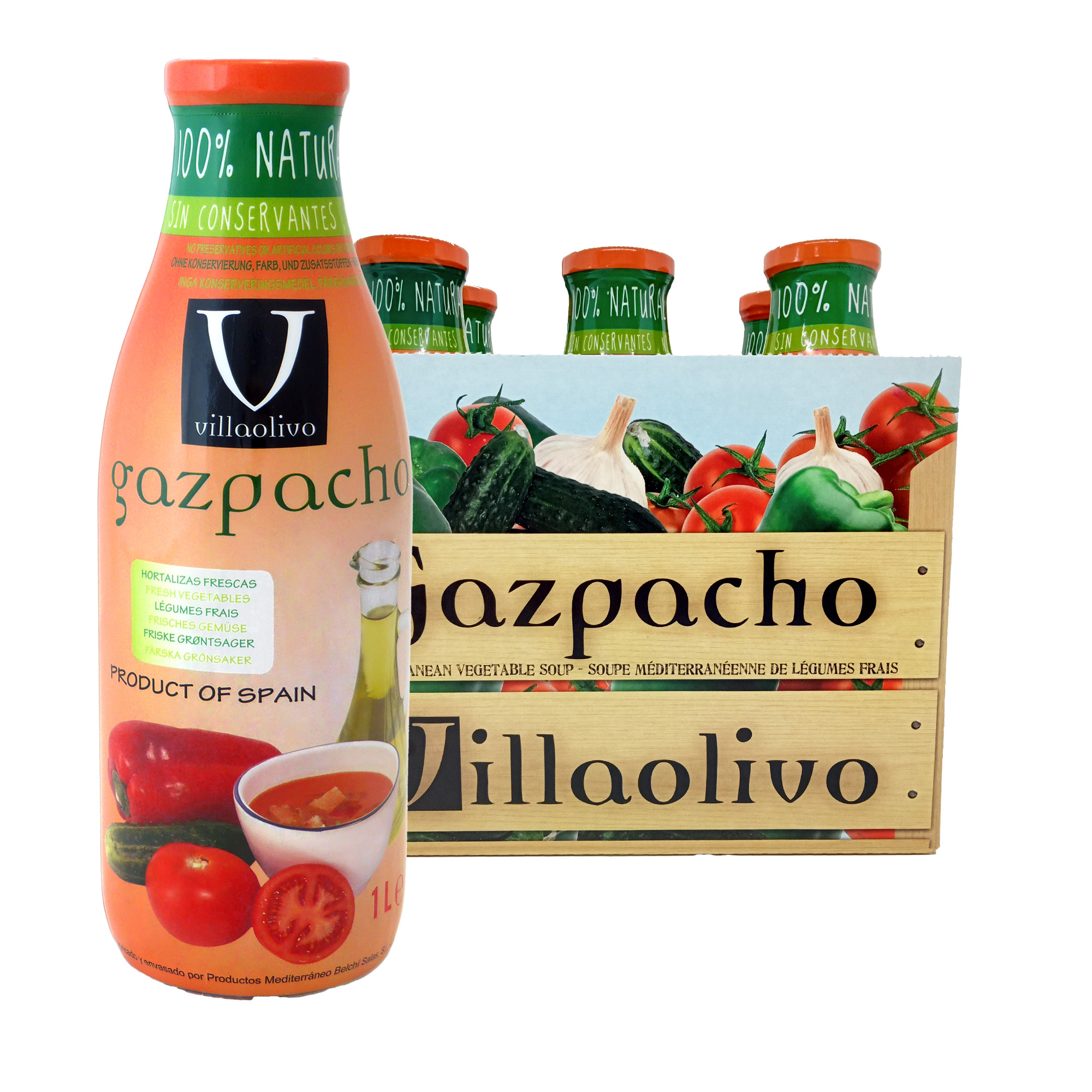 Villaolivo -  Pack 6 unidades  Gazpacho tradicional  Gazpacho cristal 1L  100% Natural