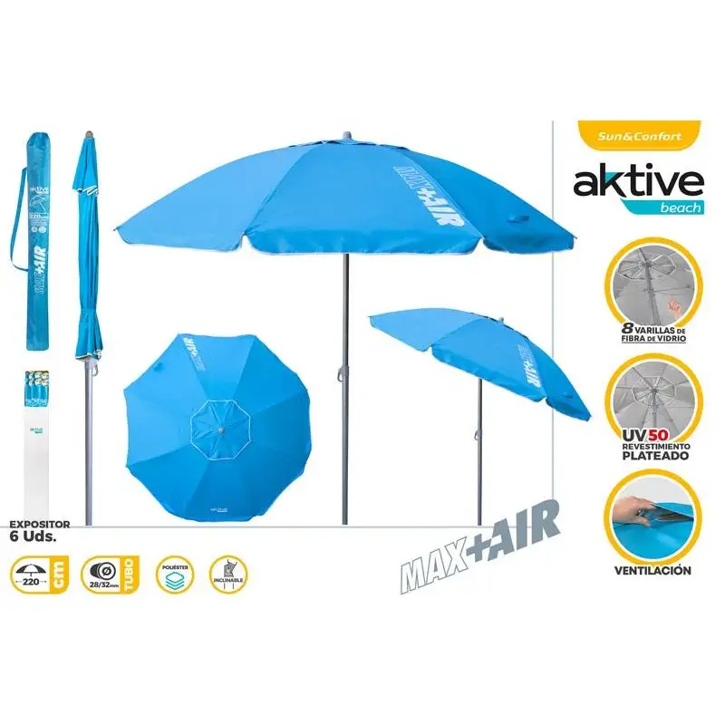 Guarda-chuva Aktive SINK BEACH 180 cm, 200 cm ou 220 cm, Max Air, azul, formato octogonal, poliéster com proteção UV50 e forro prateado, 8 hastes de fibra de vidro, ø28/32mm Tilt Mast, inclui capa com alça, ventilação superior