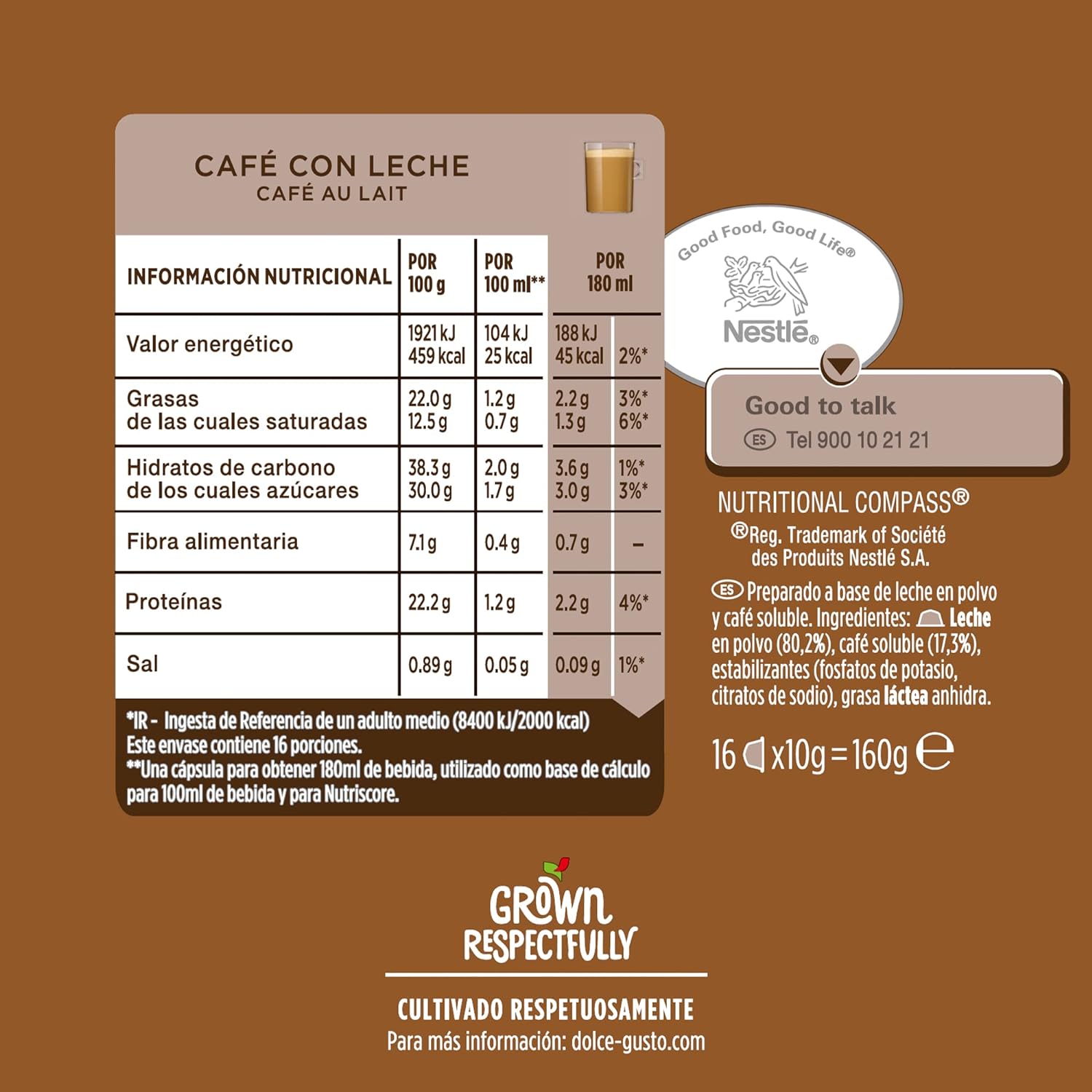 Nescafé Dolce Gusto Café con Leche, Pack de 3 x 16 Cápsulas - Total: 48 Cápsulas de Café