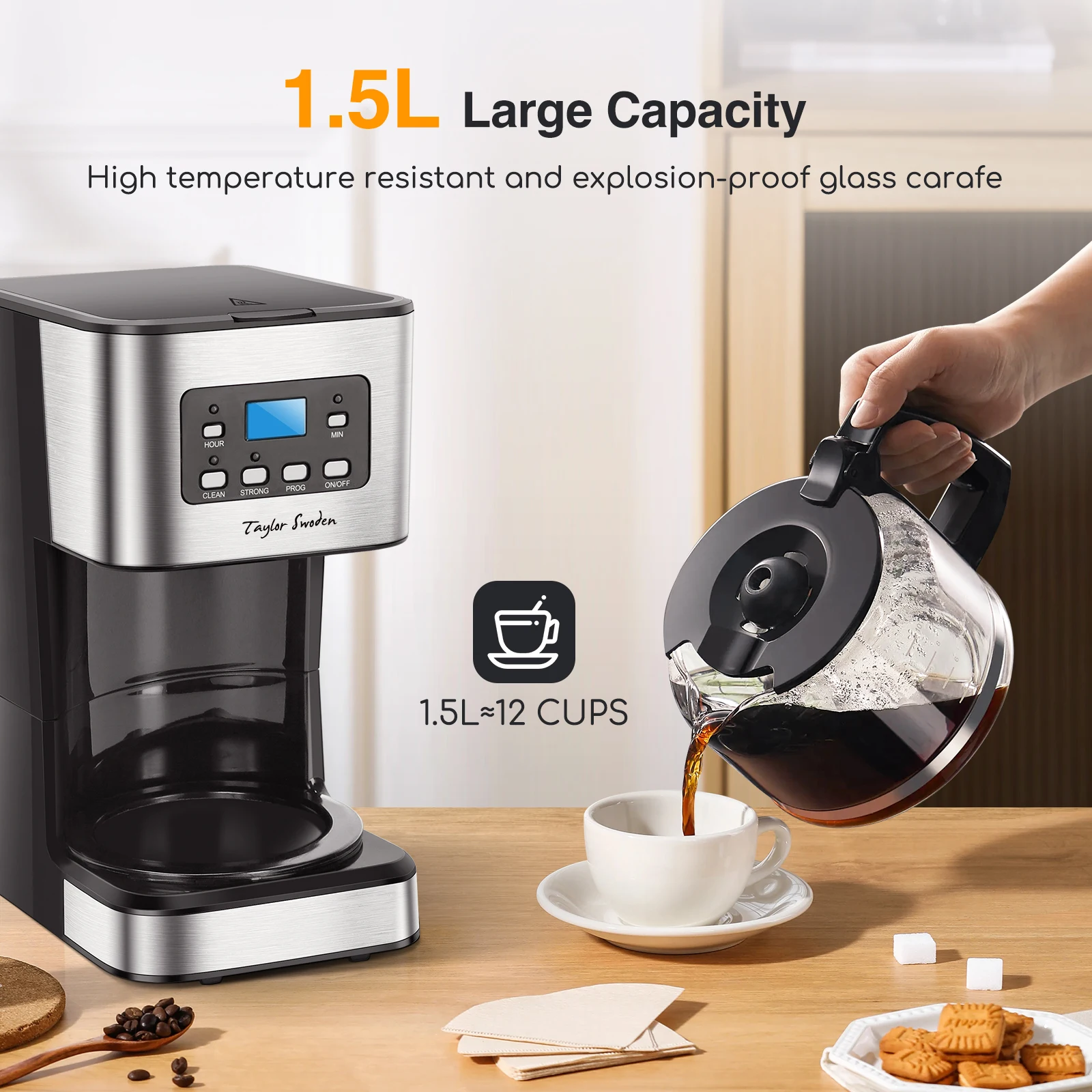 Caffettiera a goccia Taylor Swoden con timer programmabile, 950 W, 1,5 L (12 tazze), schermo LCD, filtro riutilizzabile, spegnimento automatico, funzione di mantenimento in caldo. Funzione di pulizia automatica (scrittura)