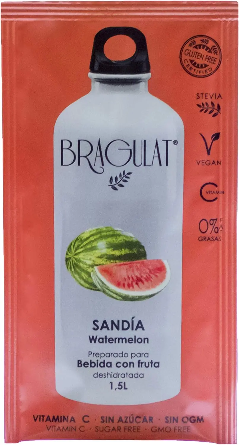 BRAGULAT | Bebida de Frutas con Sandía| Bebidas y Refrescos Instantáneas en Polvo | Sin Azúcar y con Vitamina C | Agua con Sabor a Sandía | 15 Sobres