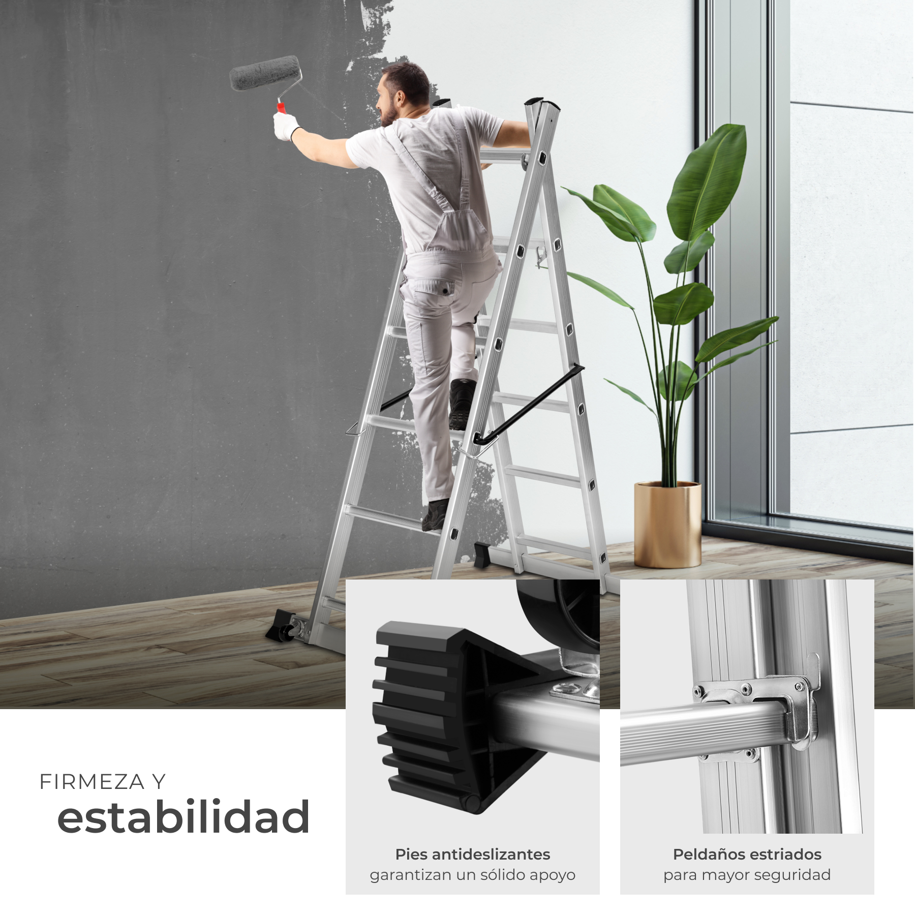 Tectake - Escada multiusos em alumínio Escada 4 em 1: escada simples, escada de tesoura, andaime simples e andaime para desníveis Grande plataforma de trabalho, aprox. 147 x 40 cm Com duas rodas, a posição muda facilmente