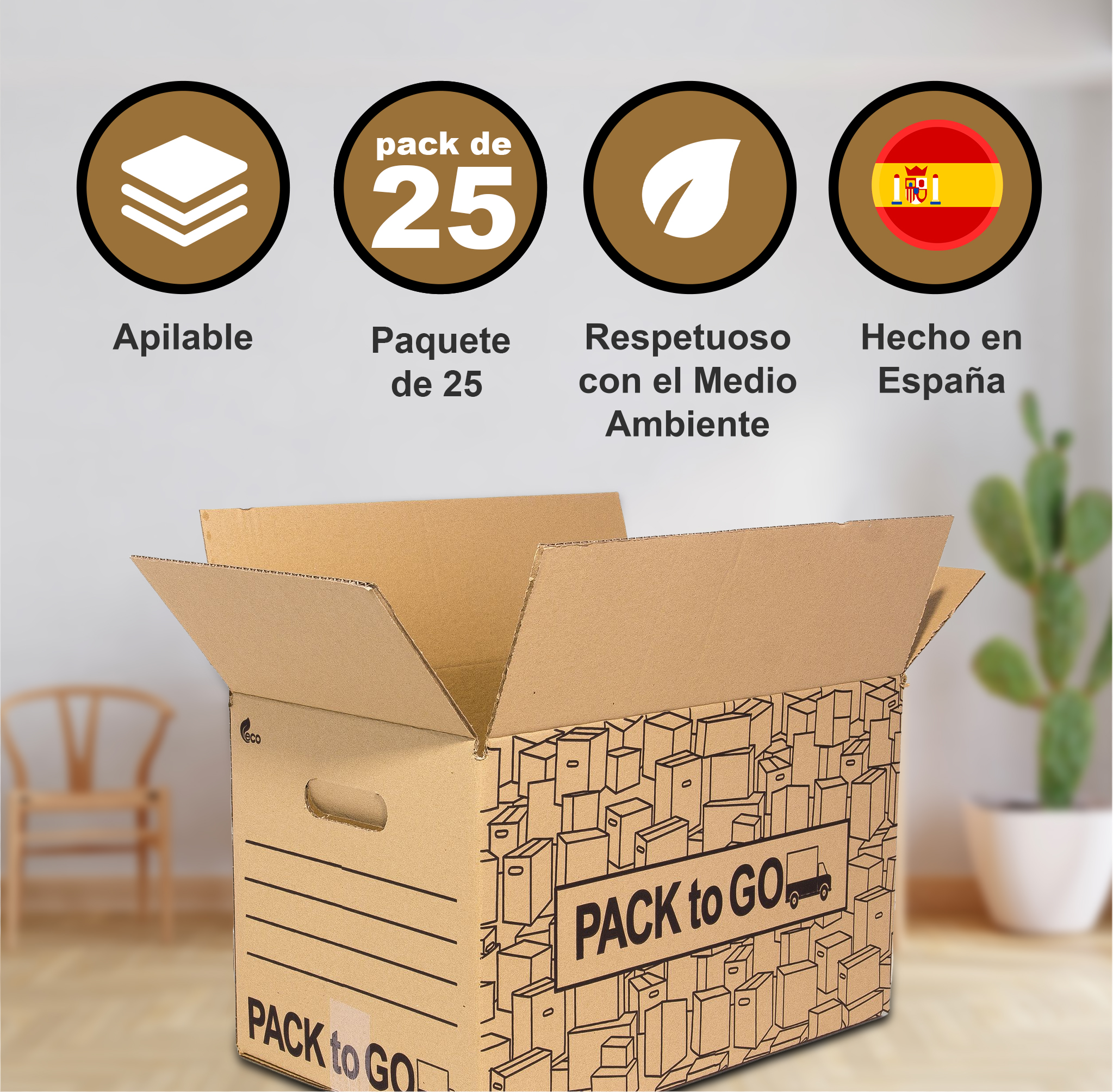 PACK to Go Pack 25 Cajas Carton Almacenaje de 50x30x30cm, Mudanza con Asas, Carton reforzado.