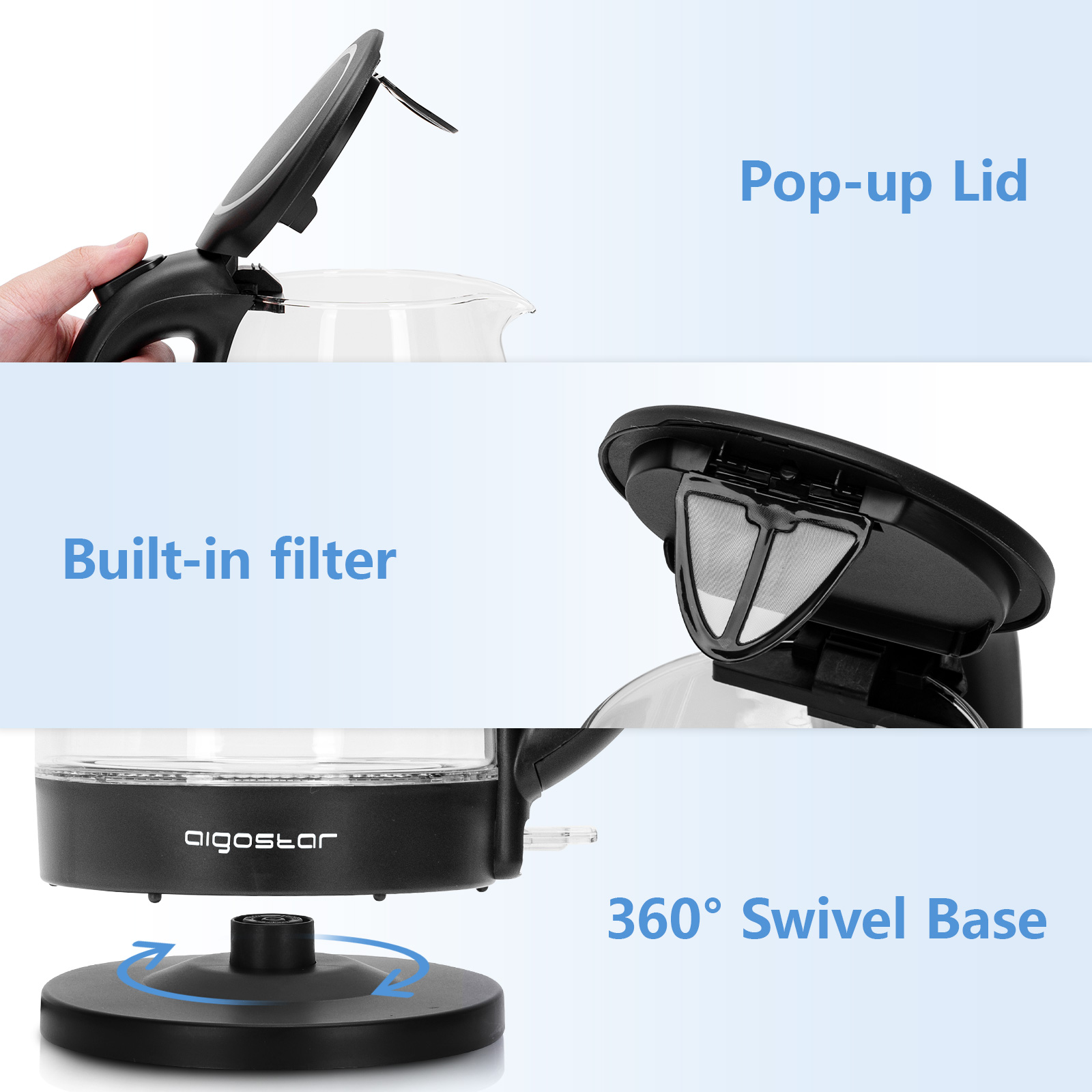 AIGOSTAR Hervidor de Agua Eléctrico de Cristal, con Iluminación Led  (1.7 L, 2200W)