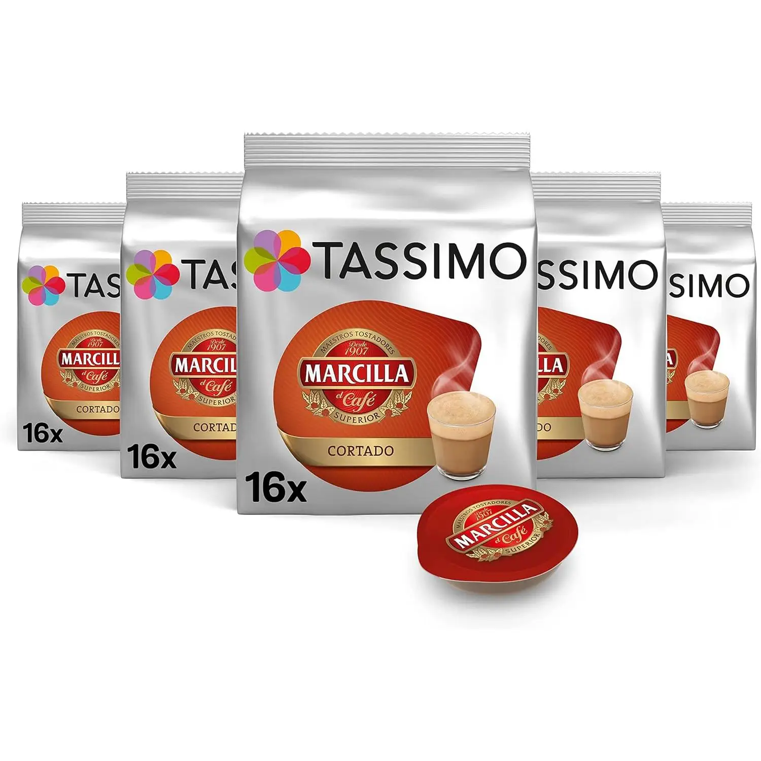 Capsulas TASSIMO Marcilla Café Cortado - PACK 5 paquetes de 16 capsulas , 80 capsulas de estupendo café CORTADO