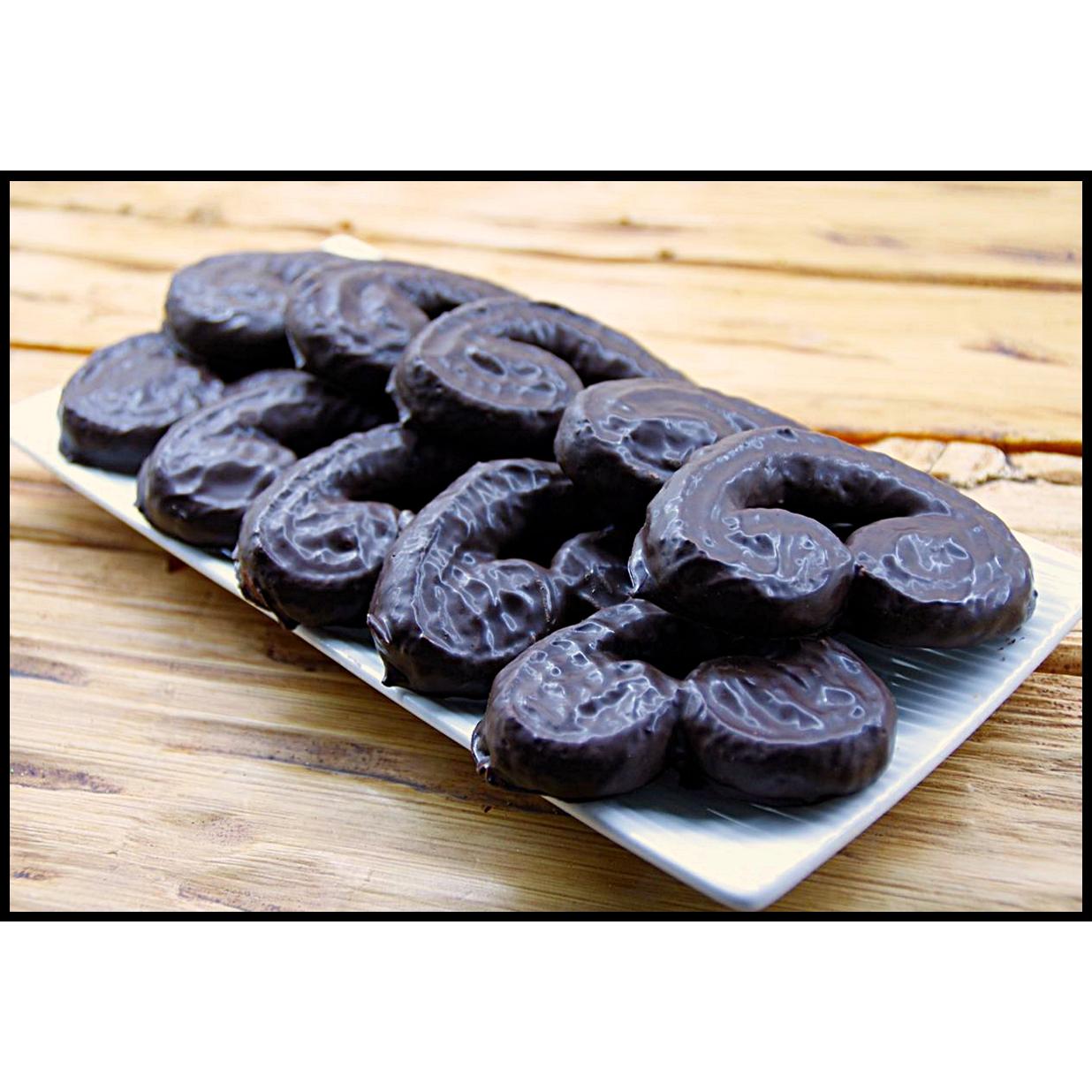 Palmera integral con sésamo , lino y cobertura de chocolate sin azúcares añadidos.Con edulcorante.Granel 2 Kg.El horno de Don Ramon.