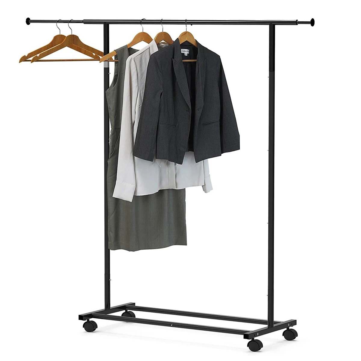 Cabide de burro extensível ajustável T-LoVendo com rodas com barra e prateleira, sacos de sapatos - preto