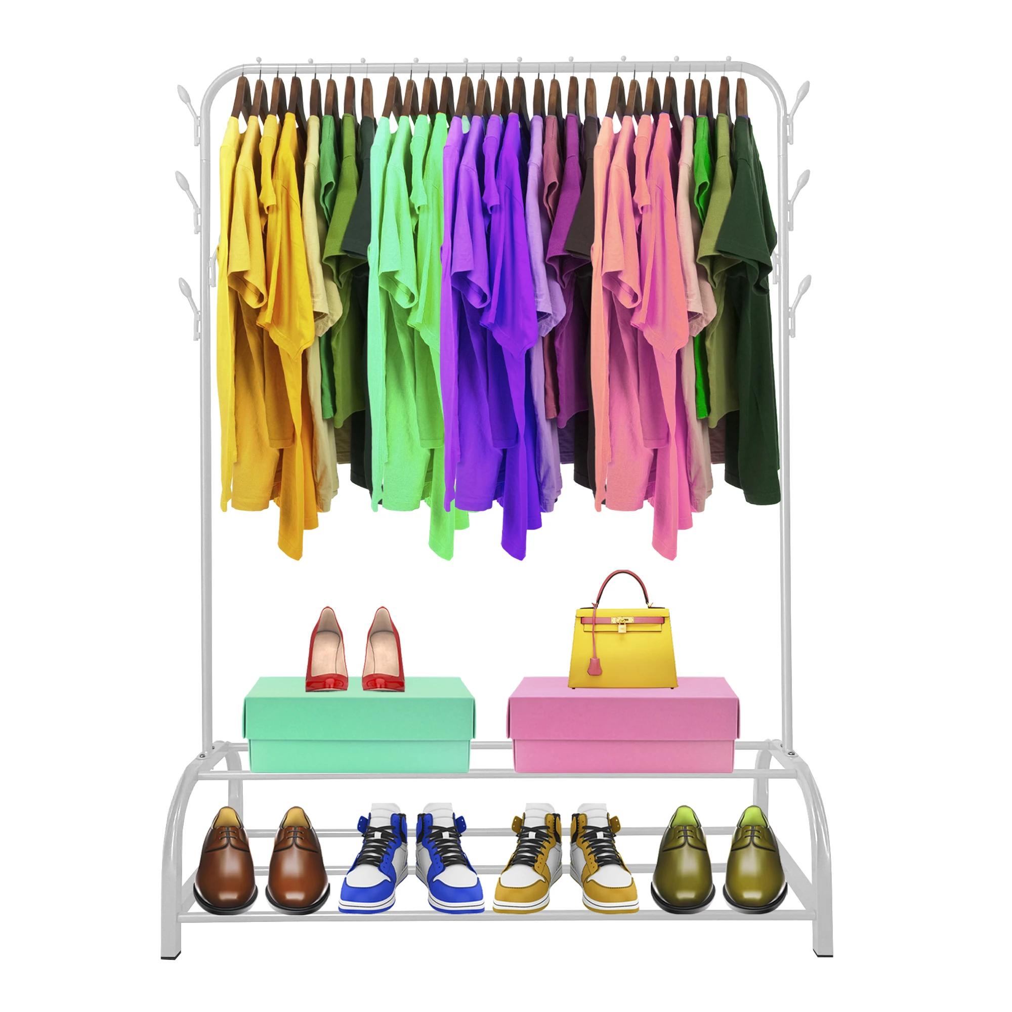 Premium Donkey Rack 2 Stand Nyana Casa 158x110x39cm, 1 Barra Suspensa, 8 Ganchos Laterais, 2 Bottom Racks Organizador de Roupas Brancas, Gancho de Vestuário.