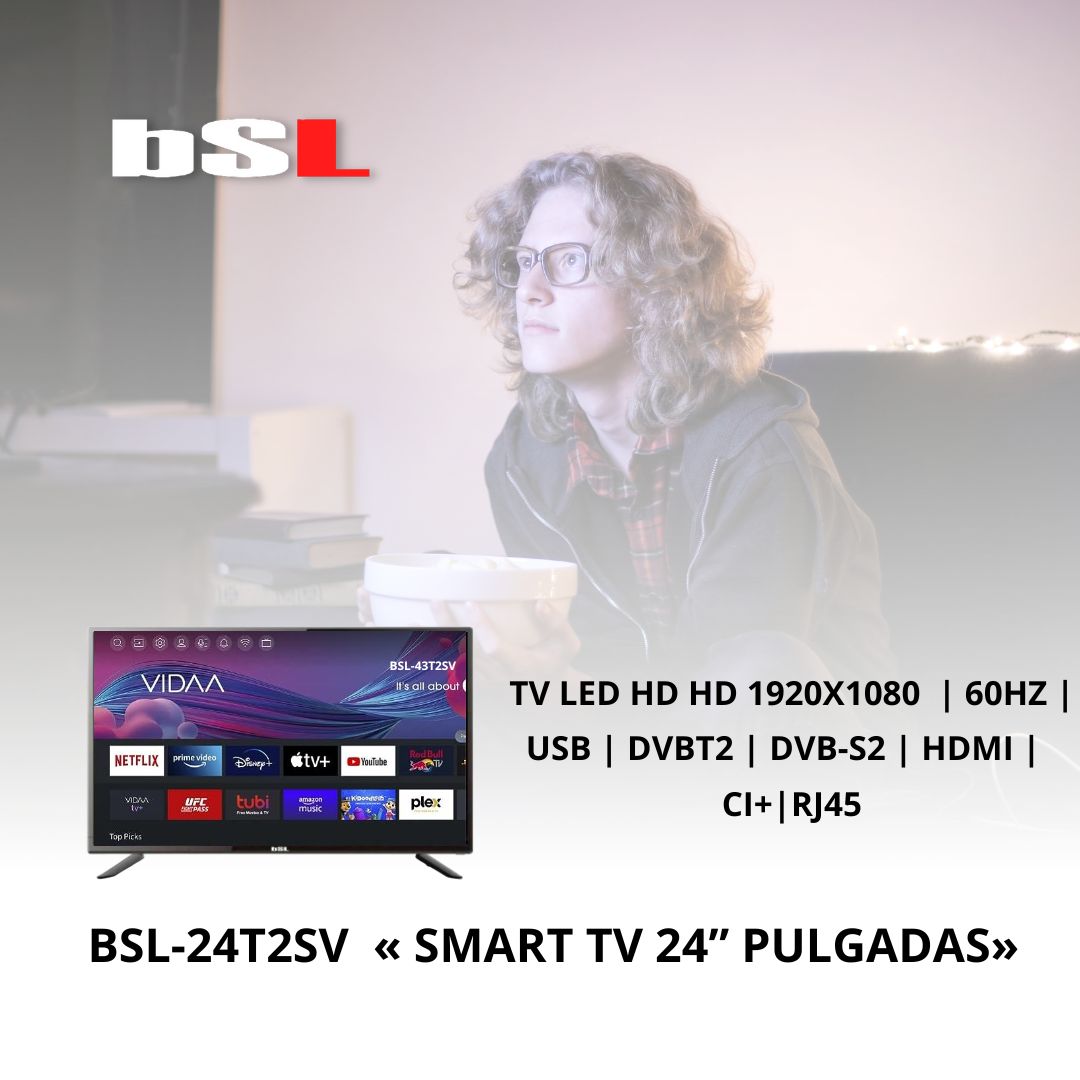 BSL-24T2SV VIDAA SMART TV 24 Pulgadas | WIFI | RJ45 | Resolución FULL HD 1920x1080p | USB | DVBT2/S2/C | Youtube, Netflix, Disney +, Dazn, Prime | HDMI