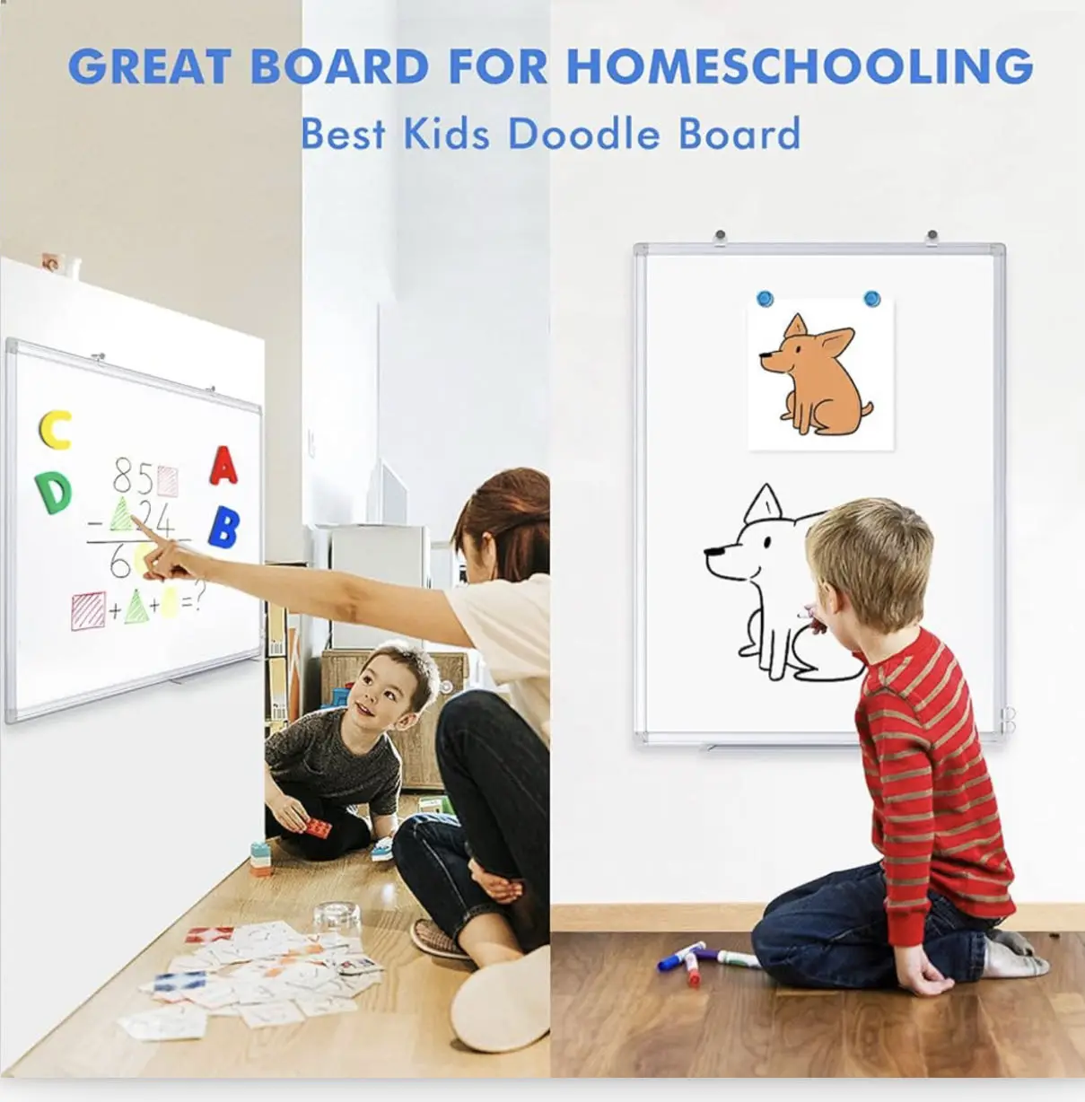 Pack de 2 unidades de quadros magnéticos frente e verso, um para marcadores e outro para giz. Inclui dois ímanes e um marcador apagável a seco. Design moderno com moldura em alumínio prateado, utilizado com frequência e fácil de limpar