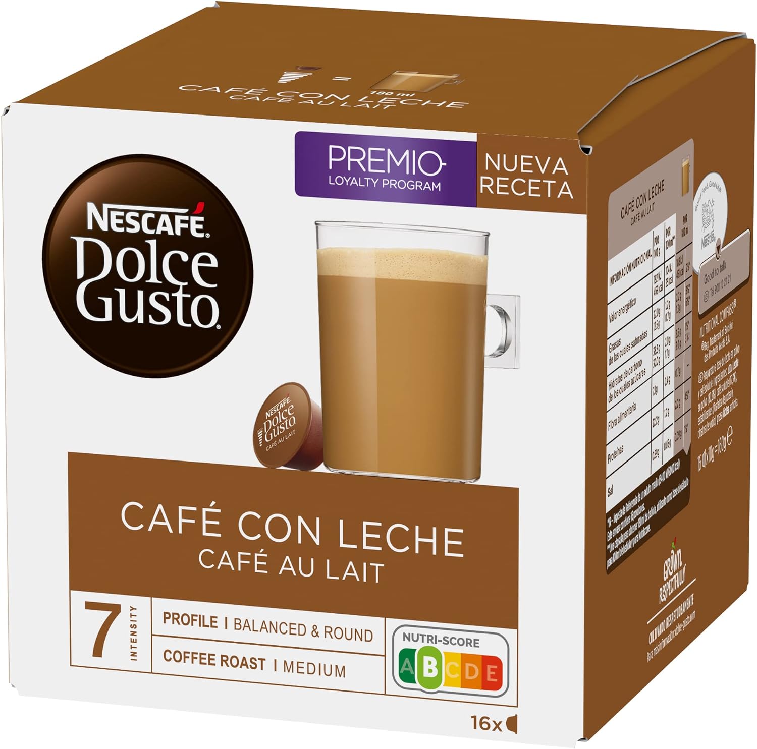 Nescafé Dolce Gusto Café con Leche, Pack de 3 x 16 Cápsulas - Total: 48 Cápsulas de Café