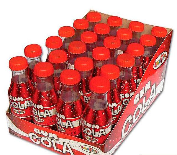 BOTELLITAS DE COLA CON CARAMELOS DE MASCAR ESTUCHE DE 24 UNDS SWEET TOYS SIN GLUTEN