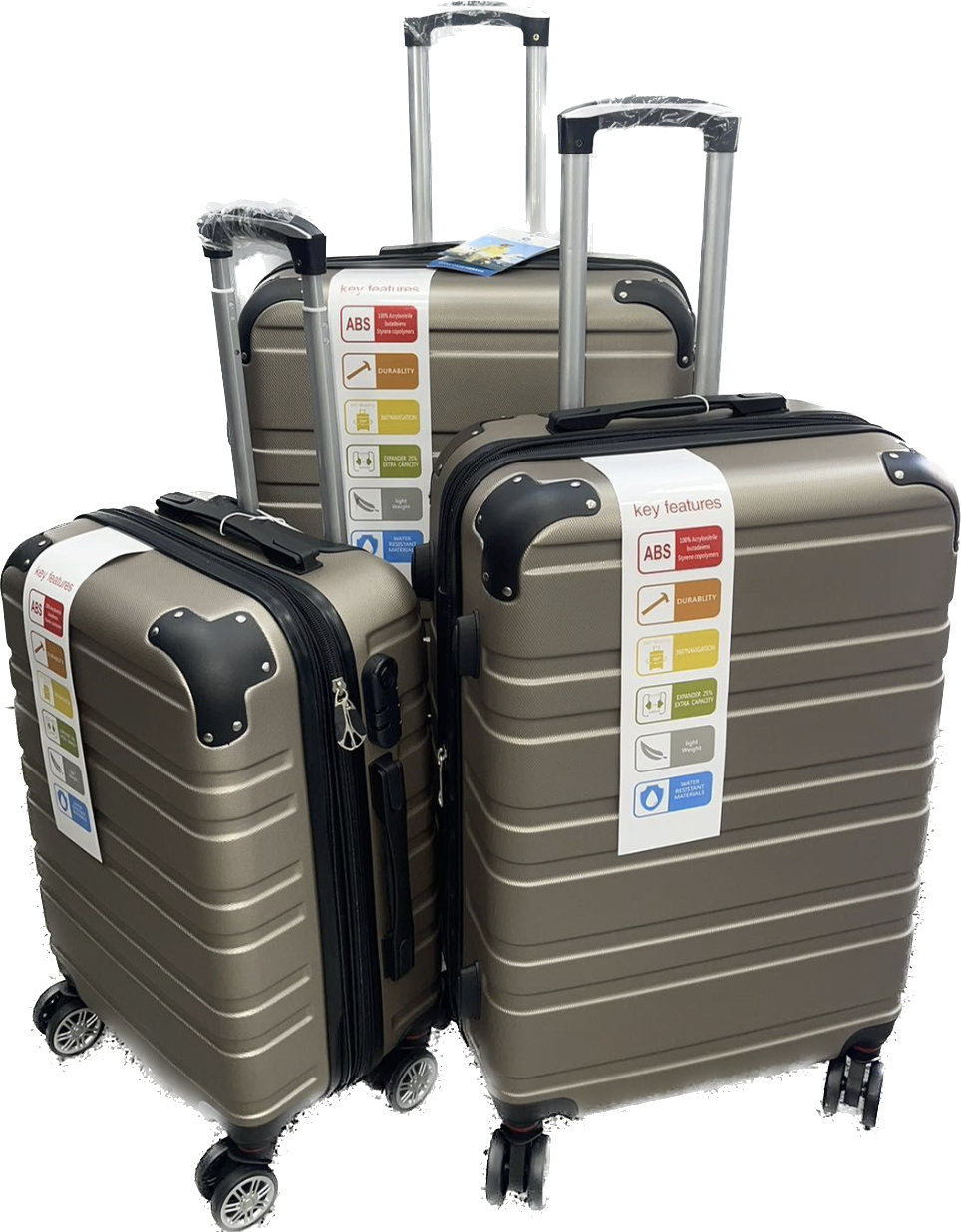 maletas giratorias de alta capacidad con 4 ruedas de S/20, M/24 y L28 pulgadas - Material de ABS - Cerradura de combinación numérica