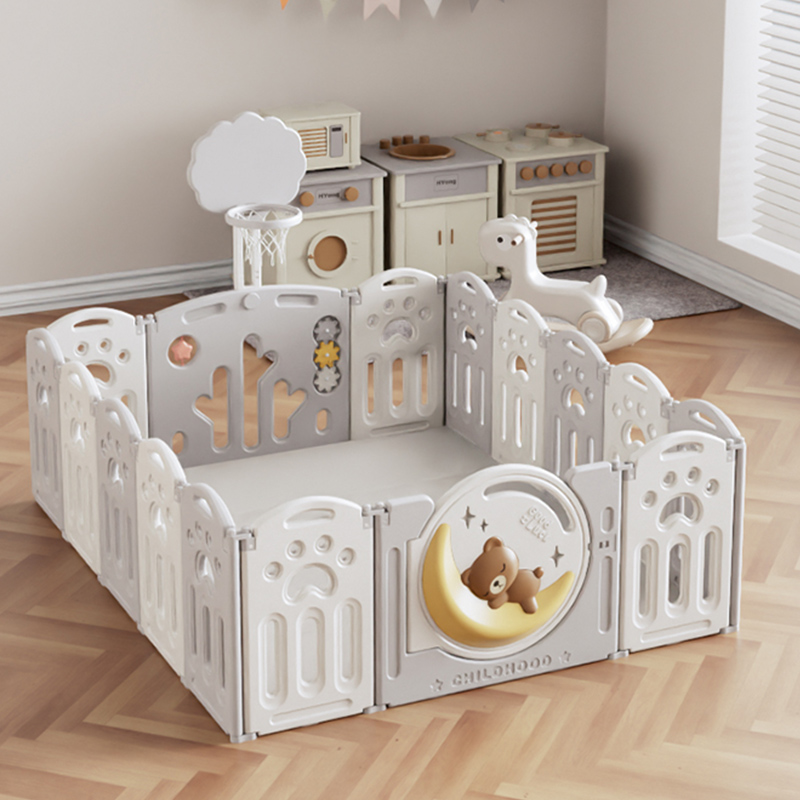 UBABY - Parque Infantil Bebé - Parque de Juegos - Corralito Bebé - Incluye: 20 Bolas + Canasta + 14 Vallas + 2 Puertas - 180x150cm - Altura 64cm - Modelo: Oso Luna (Luz Incluida) - Color: Blanco/Gris