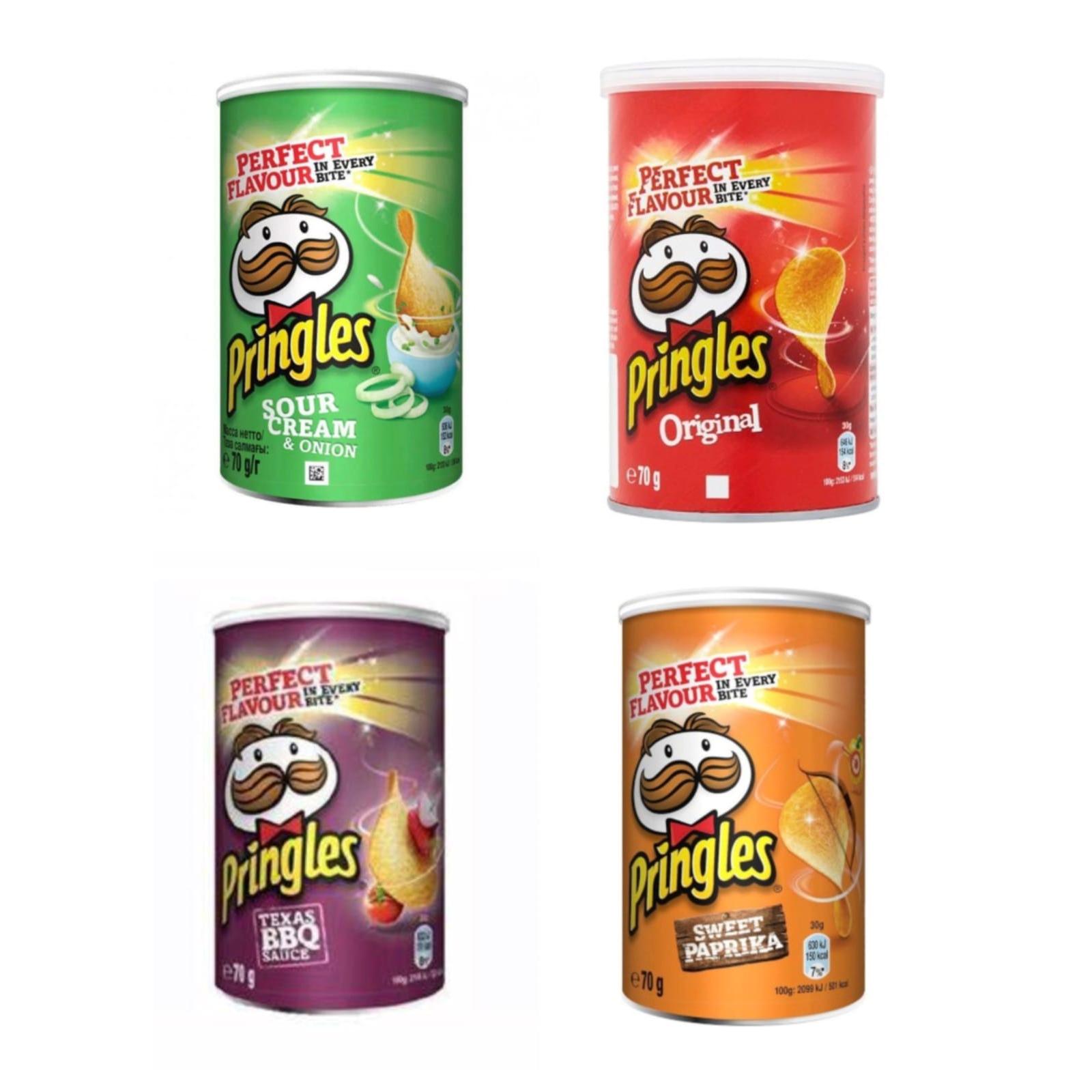 Patatas Caja 12 PRINGLES 70g Sour Cream & Onion BBQ,original,paprika - Aperitivo de patata envasado en una lata con tapadera para abrir y cerrar tantas veces como quieras. Caja de 12 latas de 70 gr