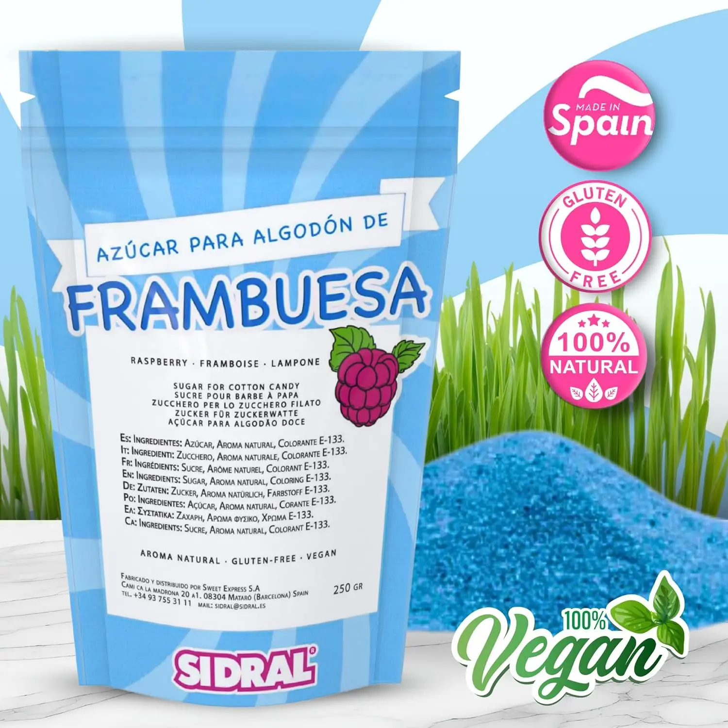 SIDRAL Azucar para Máquina Algodón ( 2 x 250 gr) CON 20 PALITOS RECICLABLES PARA DEGUSTACION ( FRESA/FRAMBUESA