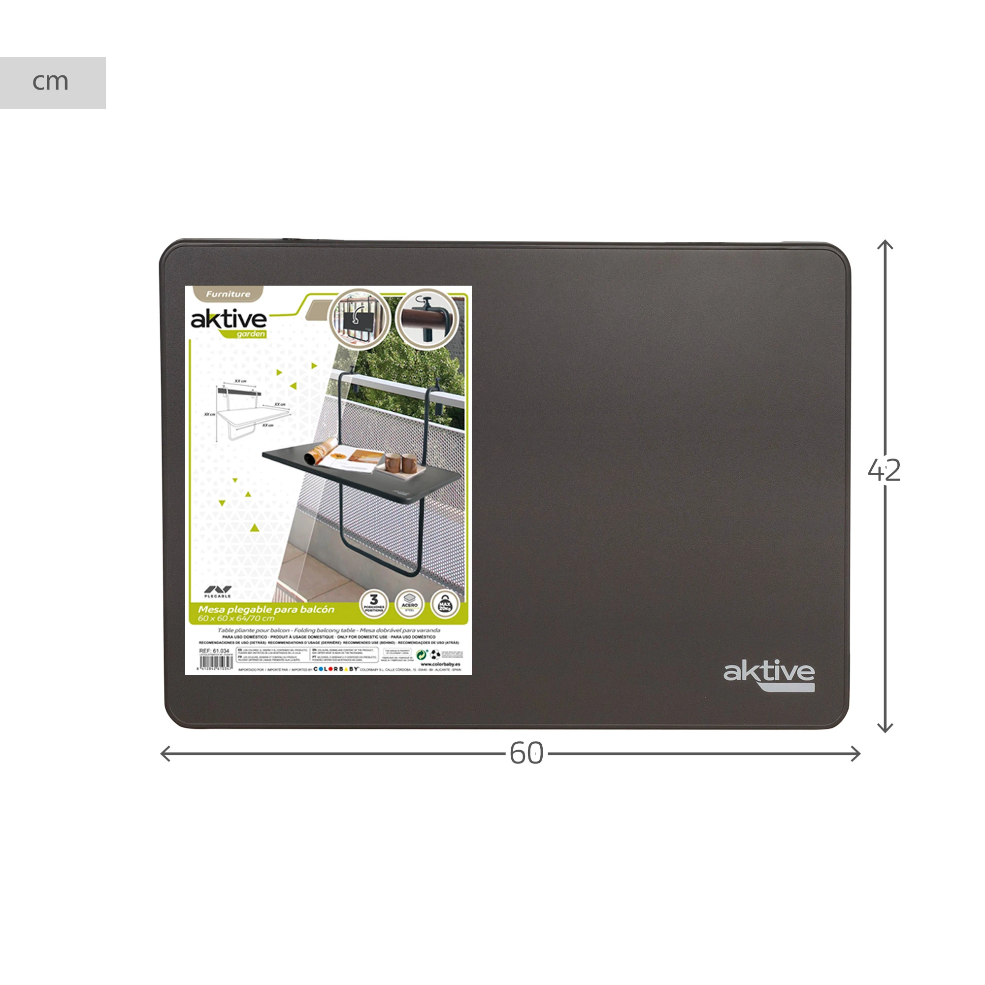 Aktive Tavolo Pieghevole Rettangolare per Balcone Terrazza Ringhiera, Antracite, 60x40x60/67 cm, Altezza Regolabile, Inclinazione 3 Posizioni, Flip Board, Max. 20 kg, acciaio e legno MDF, resistente e durevole, uso individuale