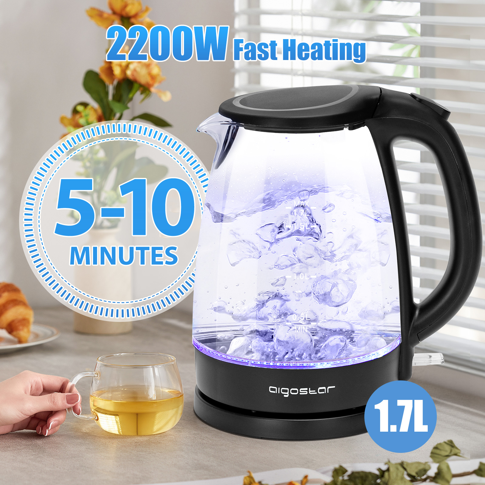 AIGOSTAR Hervidor de Agua Eléctrico de Cristal, con Iluminación Led  (1.7 L, 2200W)