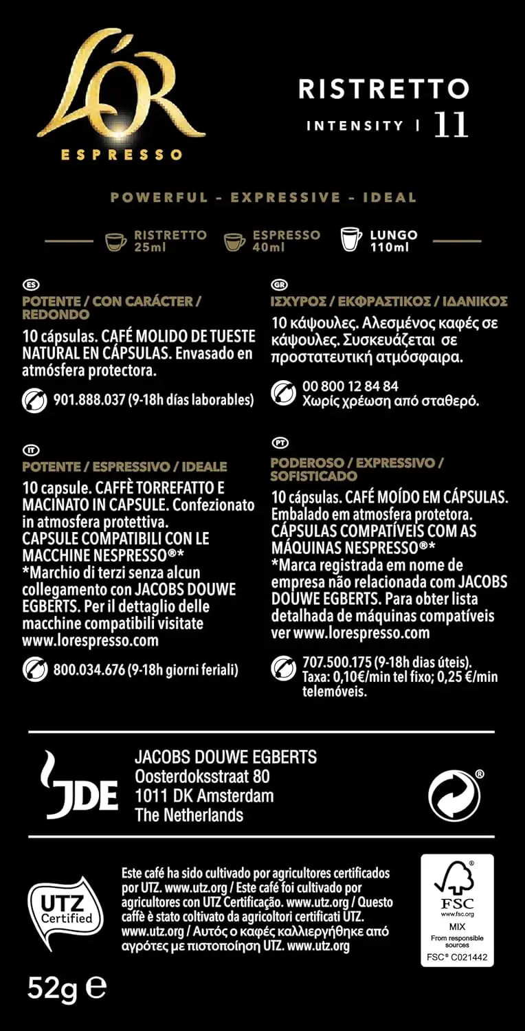 Pack de 10 - LOr Espresso Café Ristretto Intensidad 11compatibles con máquinas Nespresso (R)* (10 Paquetes de 10 cápsulas)