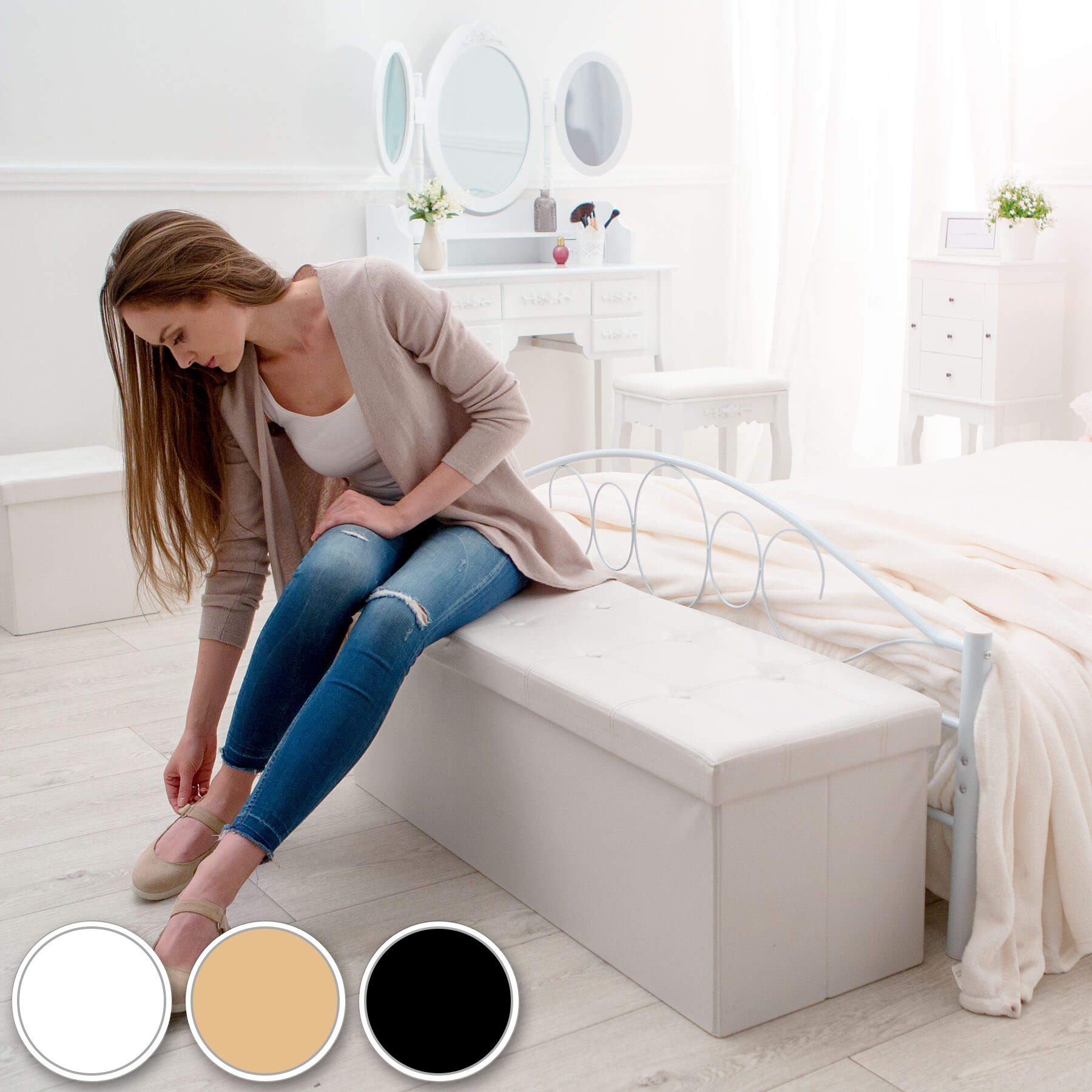 Tectake - Taburete plegable con caja de almacenamiento rectangular 110 x 38 x 38 cm  Taburete puf con espacio para almacenar  Funda decorativa de piel sintética y asiento acolchado  Plegable, compacto