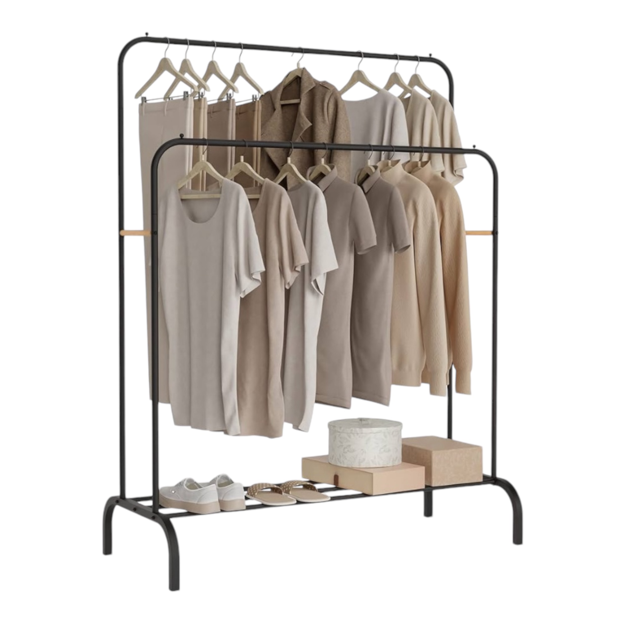 Cabide de prateleira metálico MiKoMiKa para vestuário resistente, cabide portátil em metal com calha dupla e prateleira de armazenamento de 2 camadas, cabide independente para quarto, contém 40 Kg... Cabide metálico de burro (ROPA-001 1790 D7)