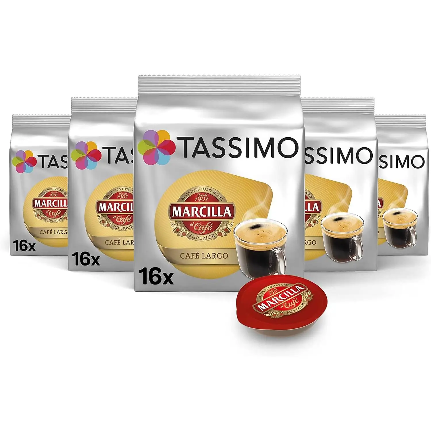 Capsulas TASSIMO Marcilla Café largo  - PACK 5 paquetes de 16 capsulas , 80 capsulas de estupendo café largo