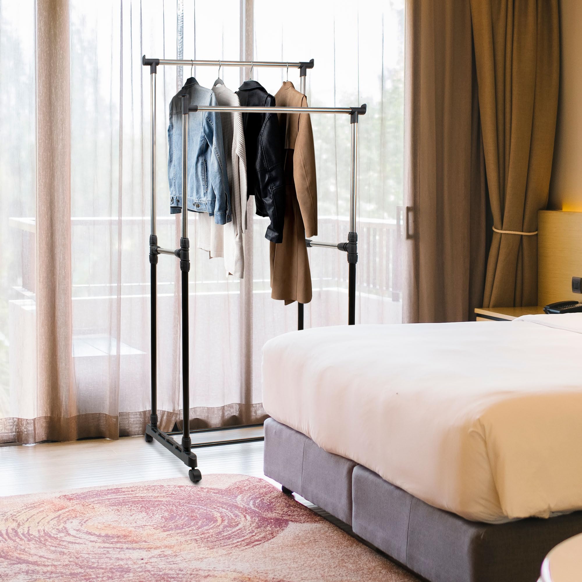 Perchero de Pie con Ruedas, Acero Inoxidable, DOBLE 80x43x90 a 160 cm, Perchero de Ropa Burro, Estructura Metalica Extensible, Organizador de Perchas y Ropa