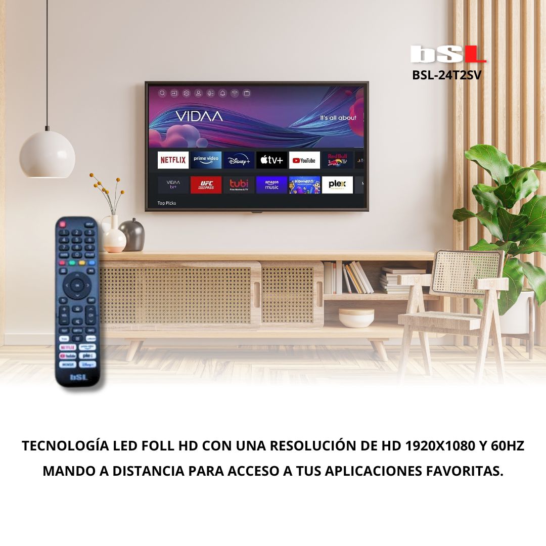 BSL-24T2SV VIDAA SMART TV 24 Pulgadas | WIFI | RJ45 | Resolución FULL HD 1920x1080p | USB | DVBT2/S2/C | Youtube, Netflix, Disney +, Dazn, Prime | HDMI
