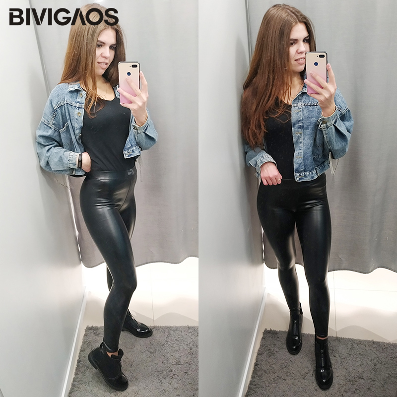 Bivigaos-女性の黒い合成皮革のレギンス,レギンス,厚手のベルベット,暖かい,セクシー,スリム,腕立て伏せ,スリム,秋