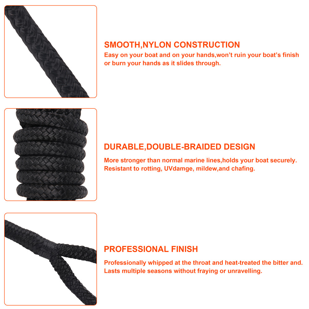16 dây Đen Hai Bện Nylon Dockline Dock Dòng Neo Đậu thuyền Dây Thả NEO DOCKING Chiều dài Dây 16.5 Chân 25 chân 50 Chân