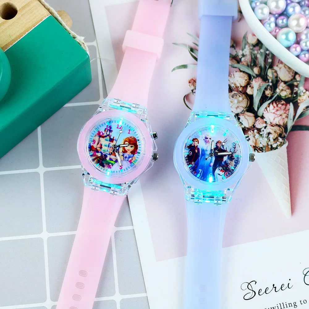 Flash luz crianças relógios com pulseira de silicone princesa elsa congelado sophia meninas relógio estudante reloj infantil