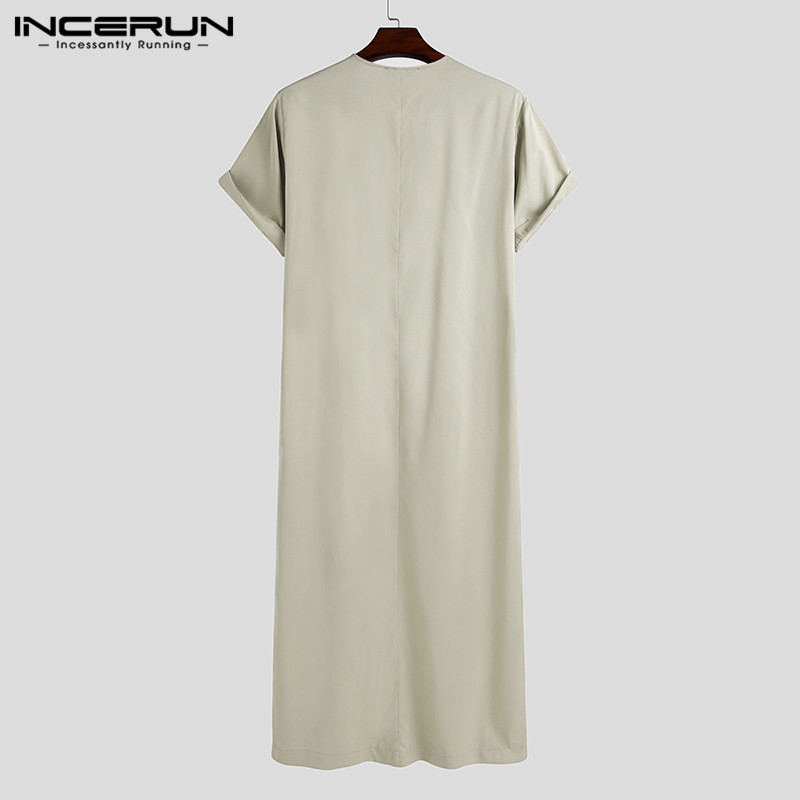 Incerun roupão masculino de cor sólida, roupão kaftan islâmico muçulmano, manga curta, pescoço em o, jubba thobe, casual, arábia saudita, roupas masculinas