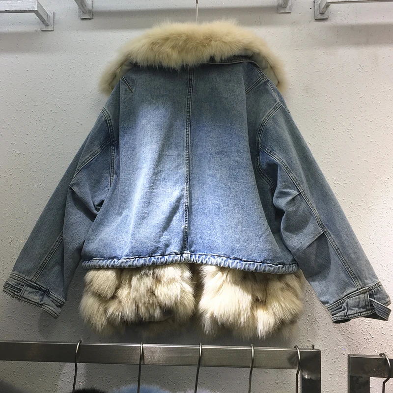 Echter Fuchspelzkragen dicker warmer Jeansmantel weiblicher Winter haariger länger echter Kaninchenfellfutter abnehmbarer echter Pelzmantel F2209