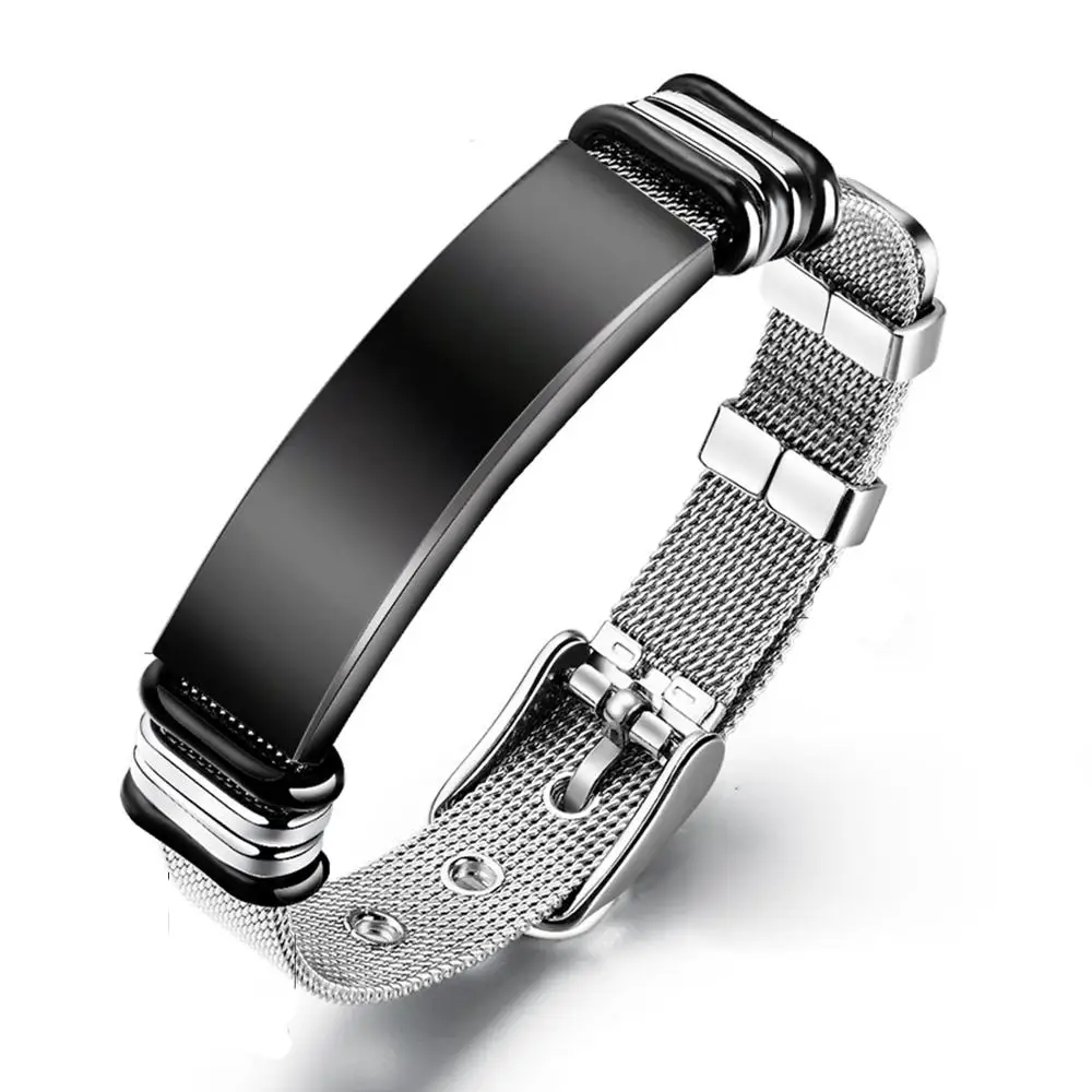 Pulseira Punk de aço inoxidável com nome personalizado gravar logotipo para homens, Trendy Net Band, Jóias Amizade
