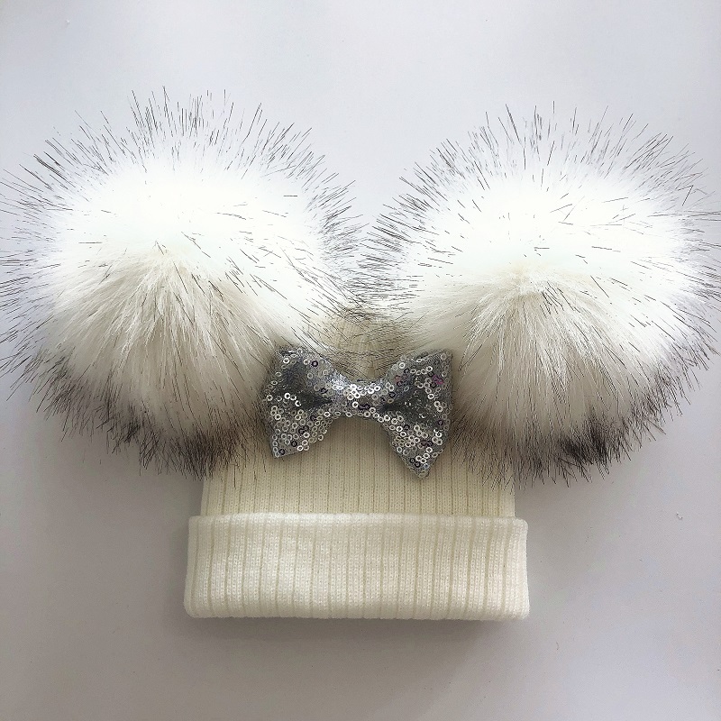 Trẻ Em Long Lanh Nơ Đôi Pompom Mũ Cho Bé Gái Mùa Đông Bộ Đội Khăn Trẻ Em Phụ Kiện Bonnet